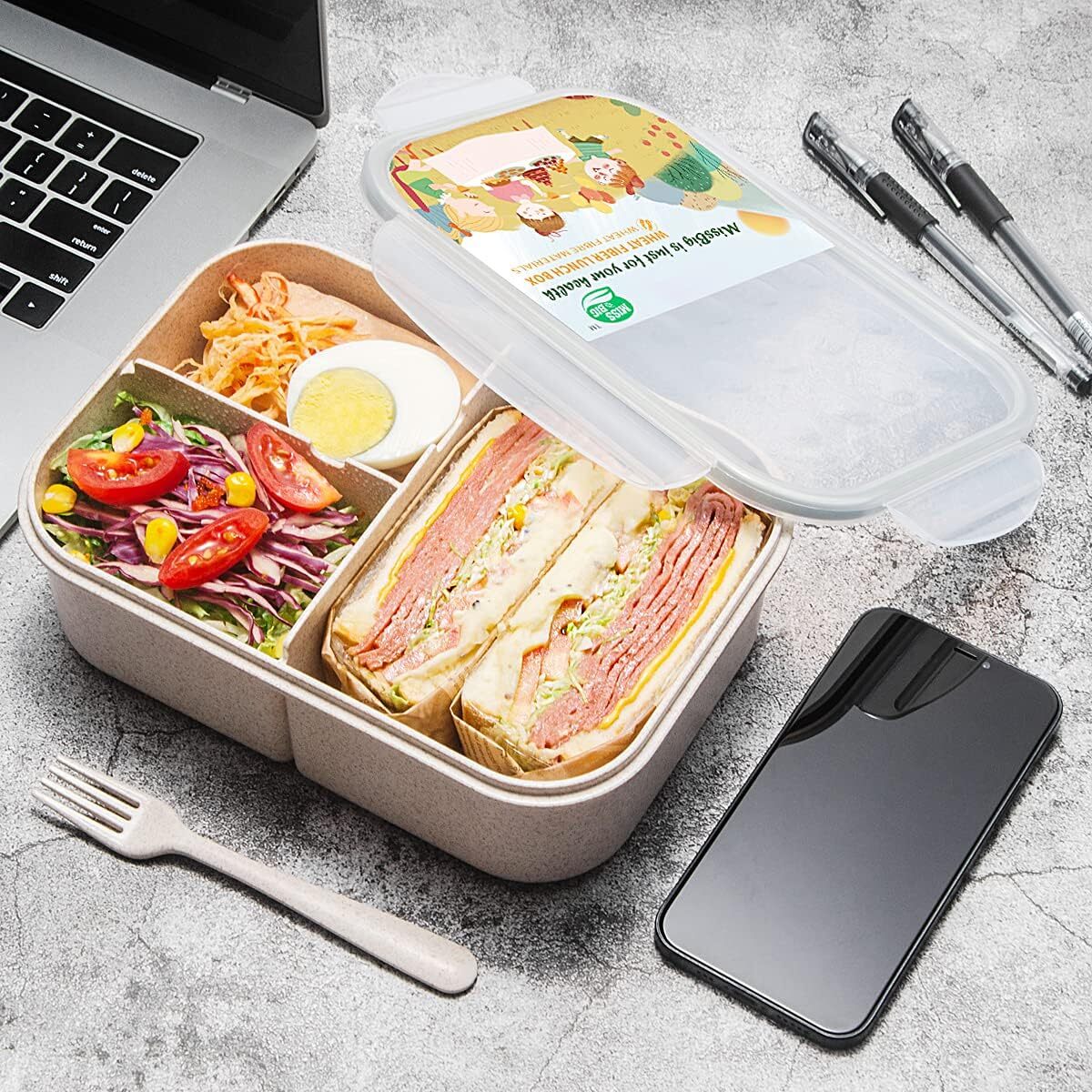 MISS BIG® Bento Box,Bento Box Adult,Lunch Box,Ideal Leak Proof 1900ml, White