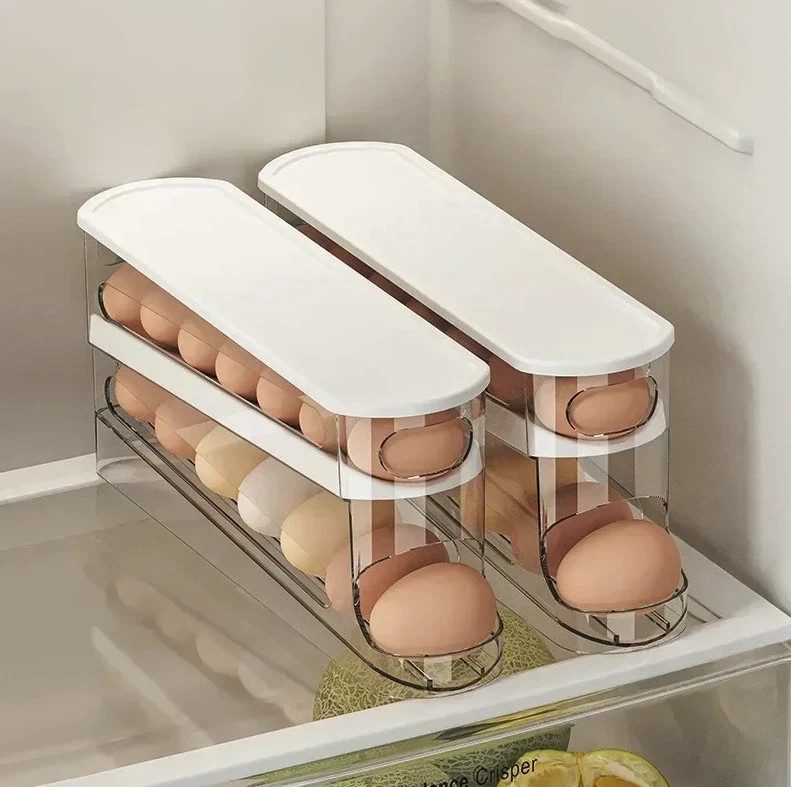 1pc Bilayer Fridge Egg Storage Box Automatic Rolling Dispenser Rack
