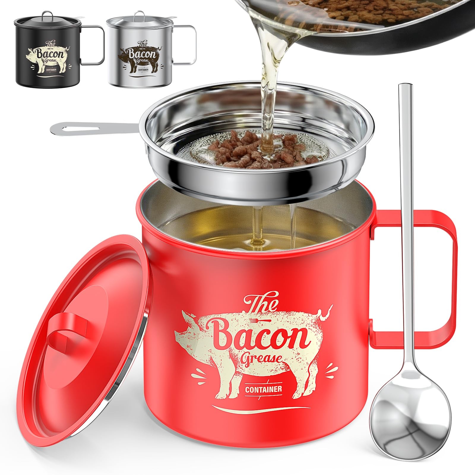 PGYARD Mini Bacon Grease Saver With Strainer – 20 OZ Stainless Steel Oil Cont…