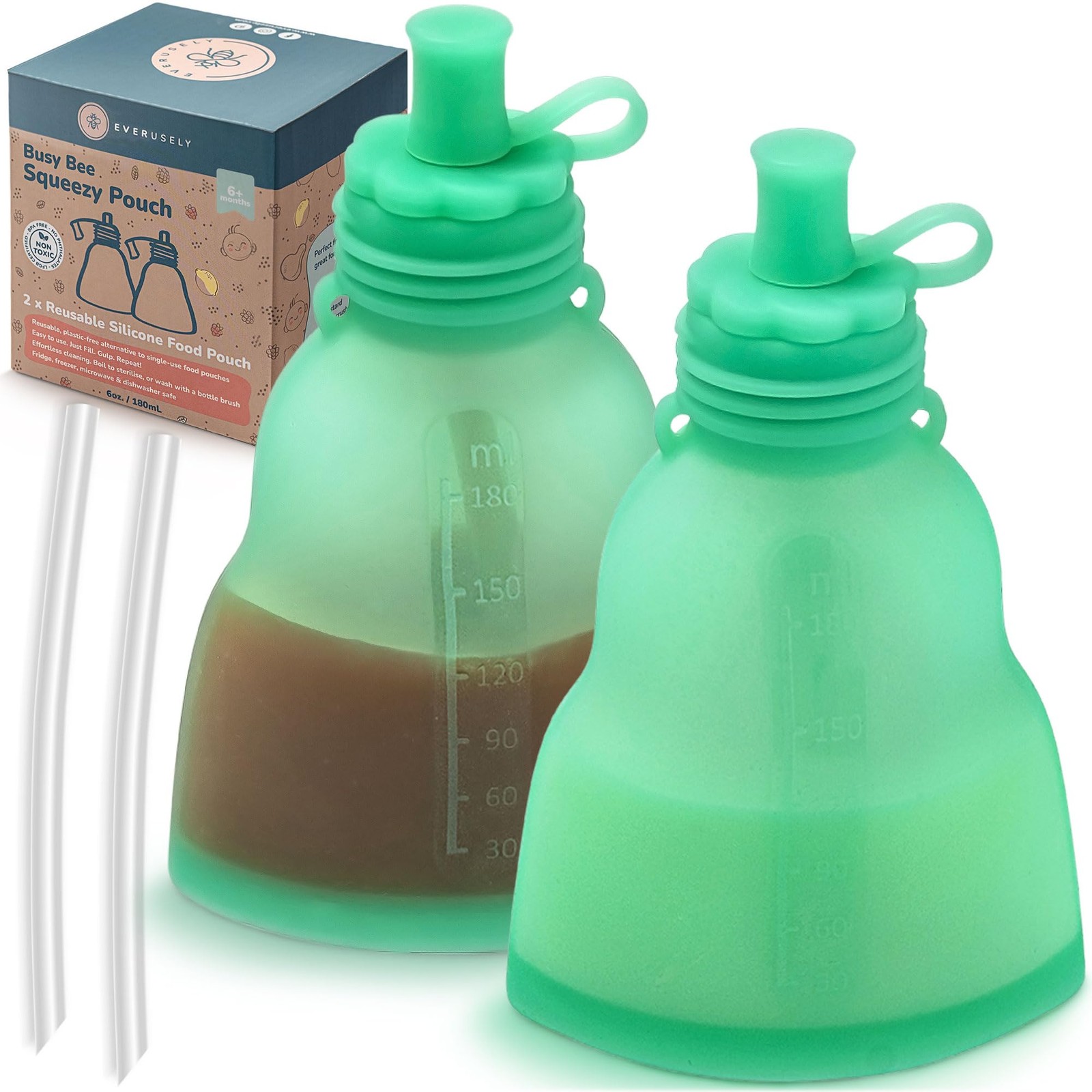 Reusable Baby Food Pouches for Toddlers – 2 Pack, 6 oz/180 ml, Green – Squeez…
