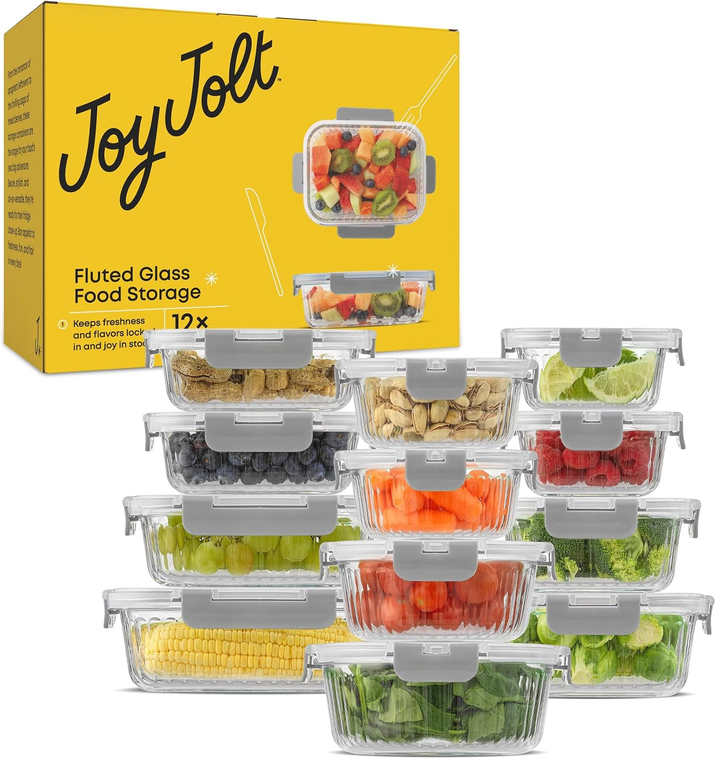 JoyJolt 24pc Borosilicate Glass Storage Containers with Lids | 12 Airtight/Freez