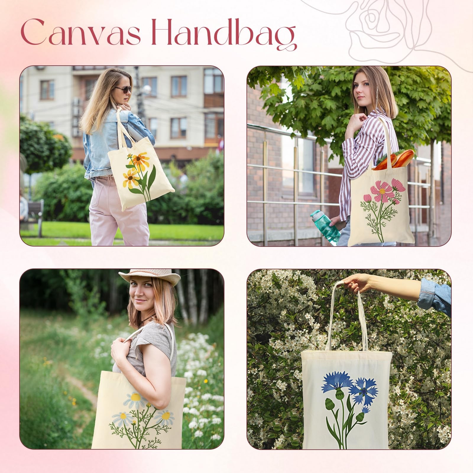 Shinylin 24 Pcs Floral Canvas Tote Bags Bulk Reusable Flower Tote Bags Book