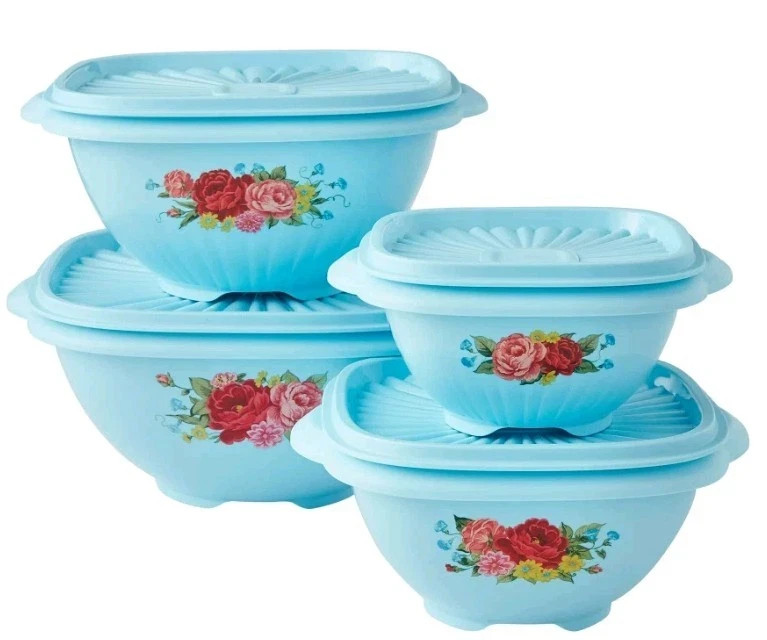 Woman 8-Piece Sweet Rose Floral Blue Kitchen Food Storage Containers