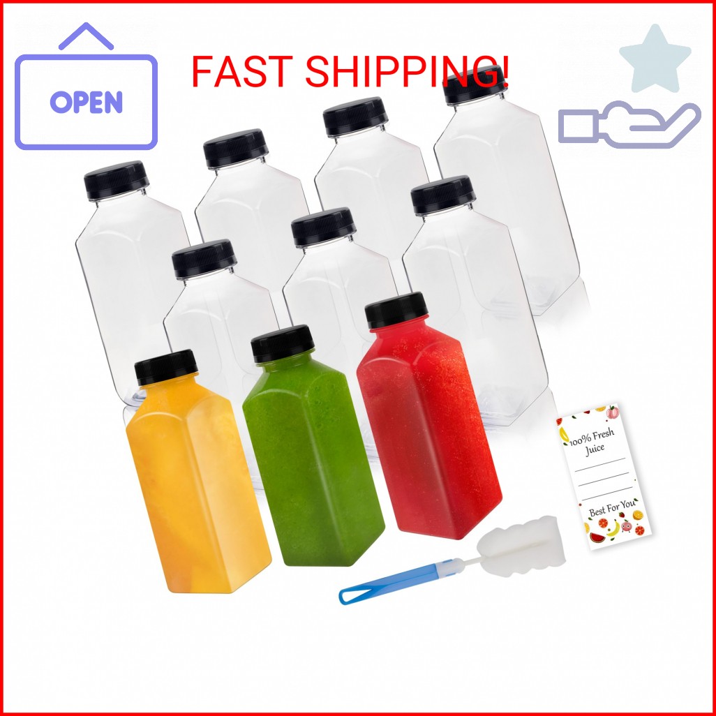 Lissomballon 10 Pcs 12oz Plastic Juice Bottles With Caps, Reusable Food Grade Ch