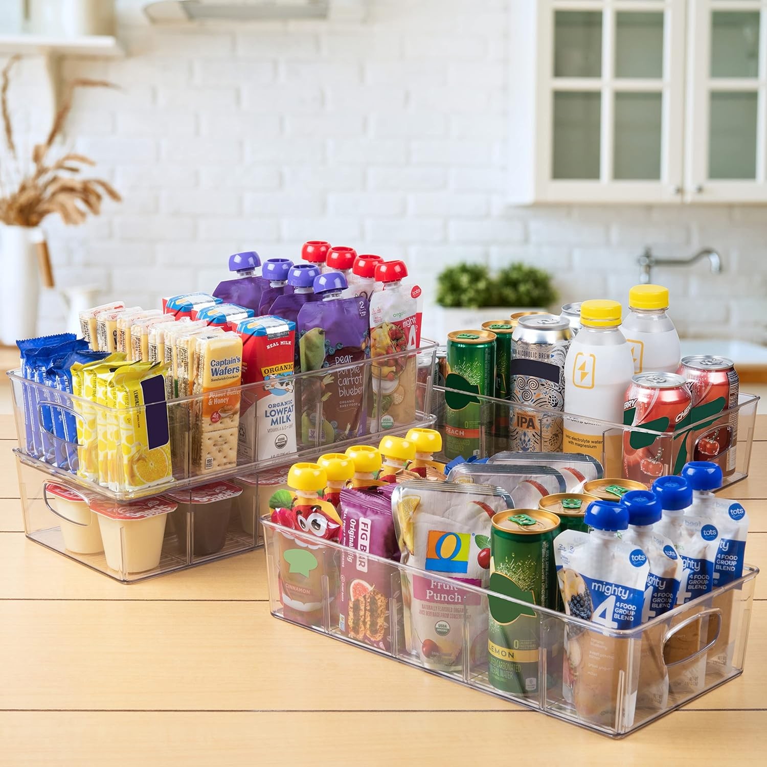 4PCS Plastic Pantry Organization and Storage Bins with Removable Dividers NEW