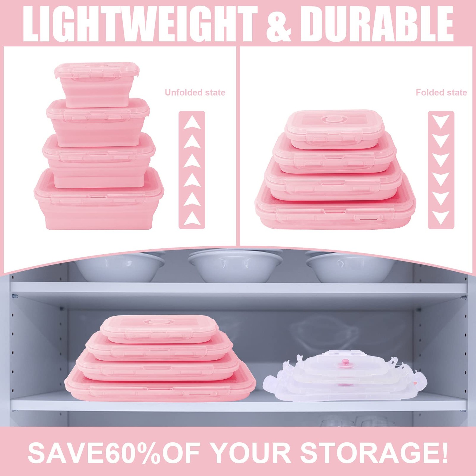 Collapsible Silicone Food Storage Containers with Lids,Set of 3 Silicone Lunc…