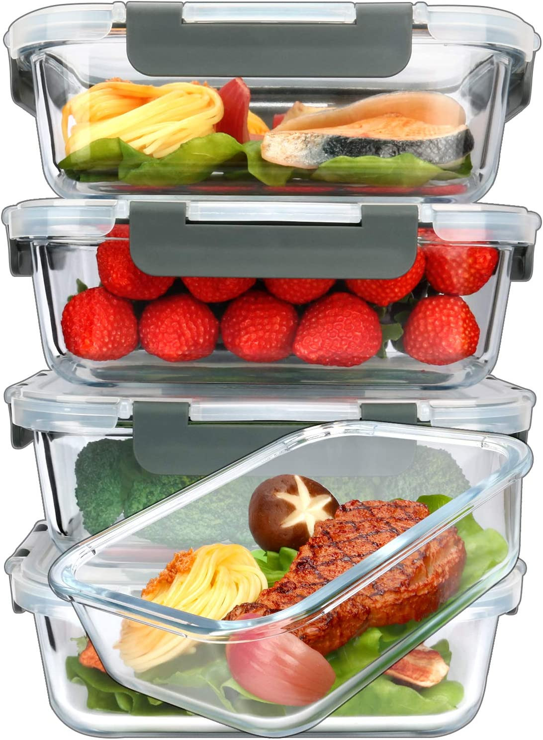 [5-Packs, 36 Oz Glass Meal Prep Containers with Snap Locking Lids Glass Food Con