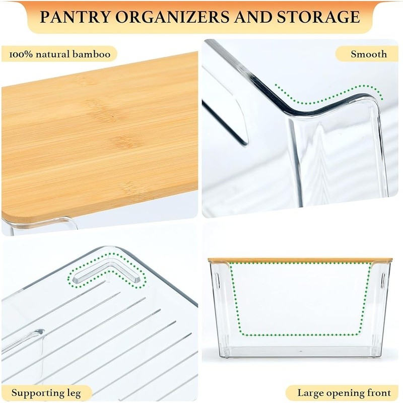 Stackable Pantry Organizers Clear Acrylic Bins W/ Bamboo Lid Kitchen Storage New