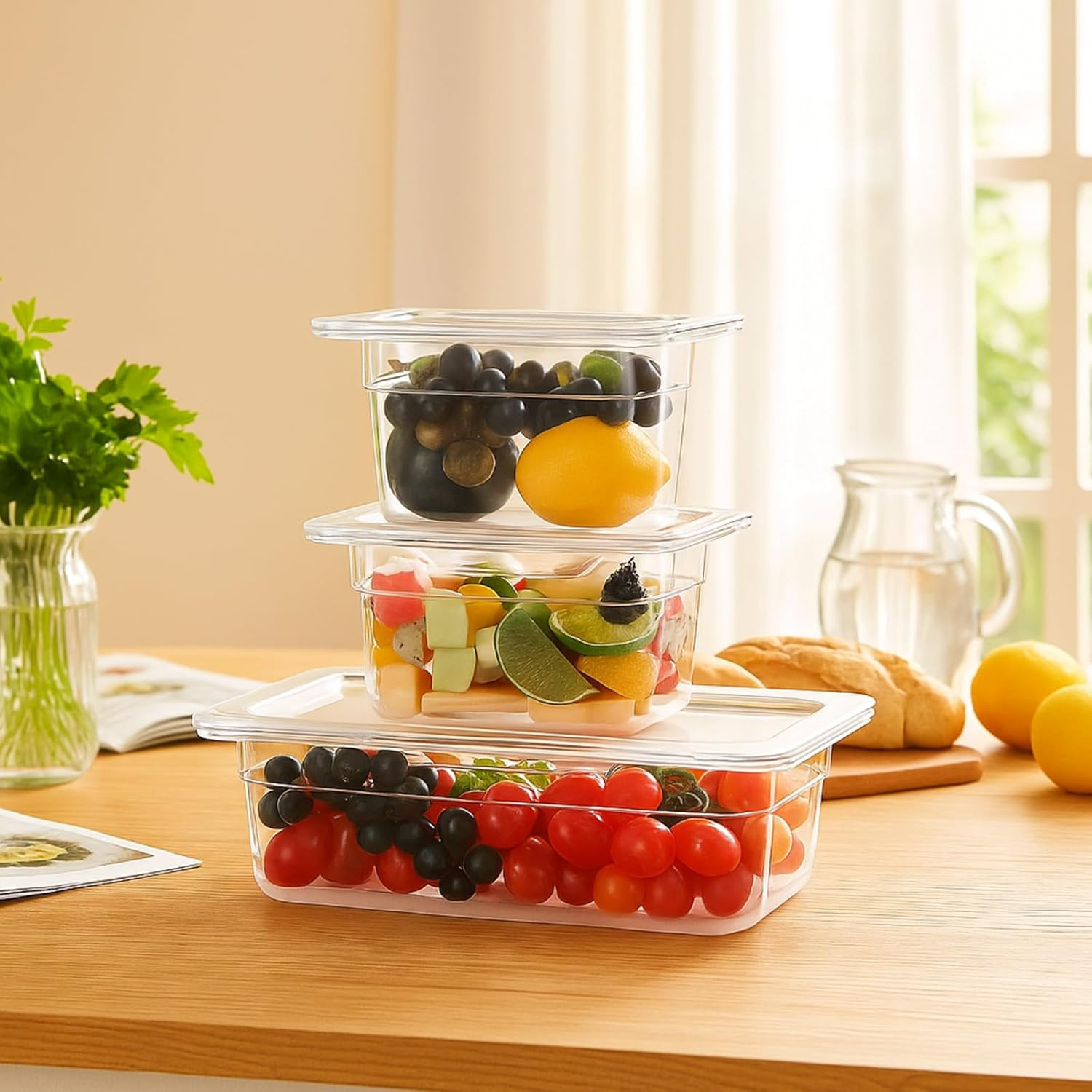 12 Pcs Plastic Food Pans with Lids 1/3, 1/6, 1/9 Size 4” Deep Clear Stackable P