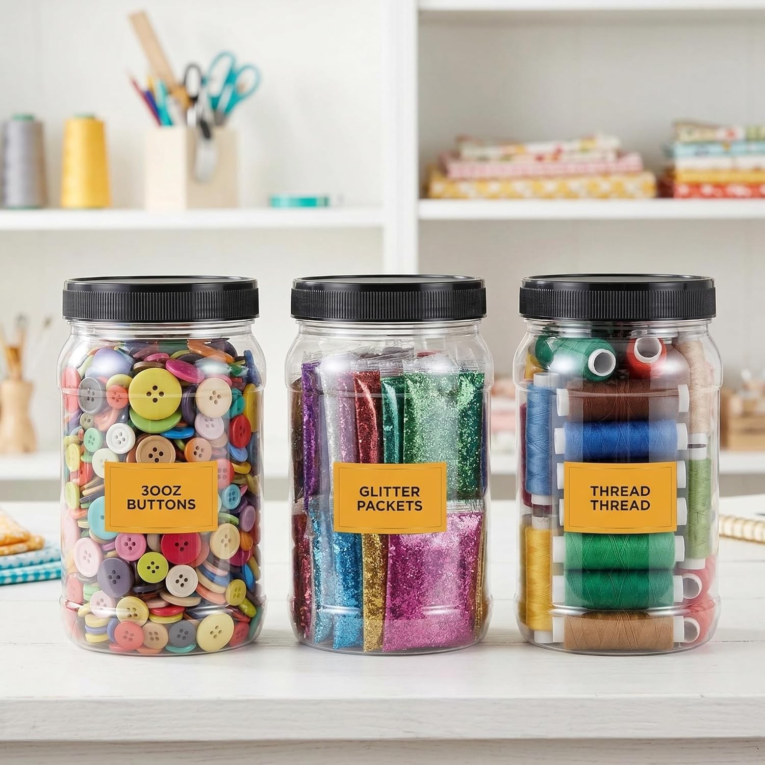 9 Pack 32 Oz Plastic Jars with Black Lids,Wide Mouth Clear Empty Plastic Storage