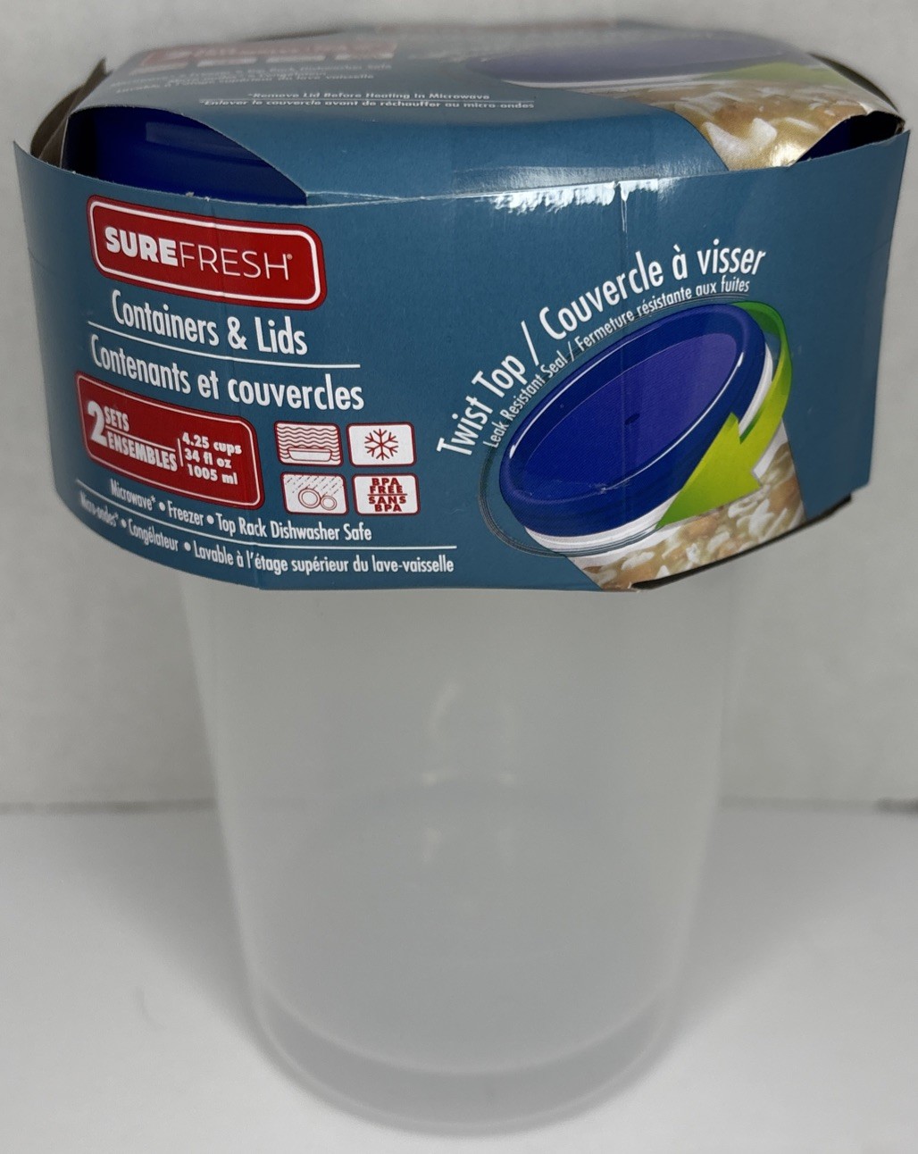 2 PACK—Sure Fresh—34oz/4.25 Cup—Tall Plastic Containers W/ Lid—NEW—SHIPS IN 24HR