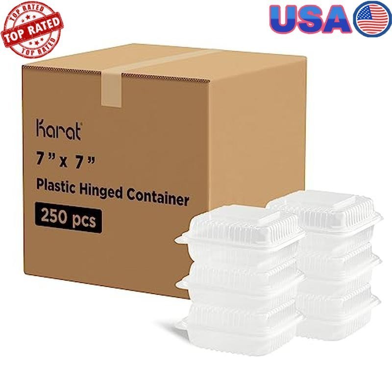 7×7 Inch PP Hinged Containers BPA Free Reusable Microwave Freezer Safe 250 Pack
