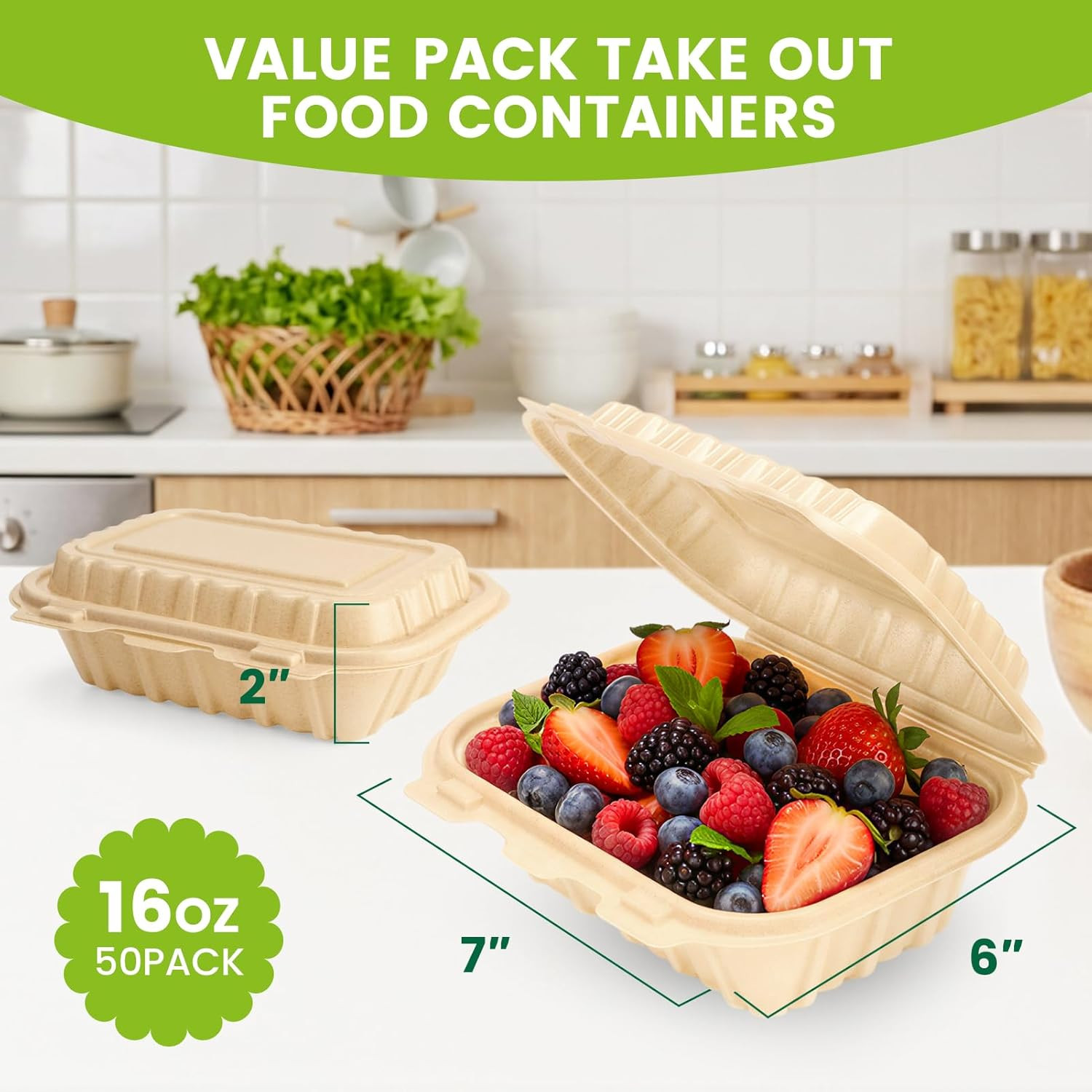 Clamshell Take Out Food Containers,50 Pack-16Oz Disposable Meal Prep Containers