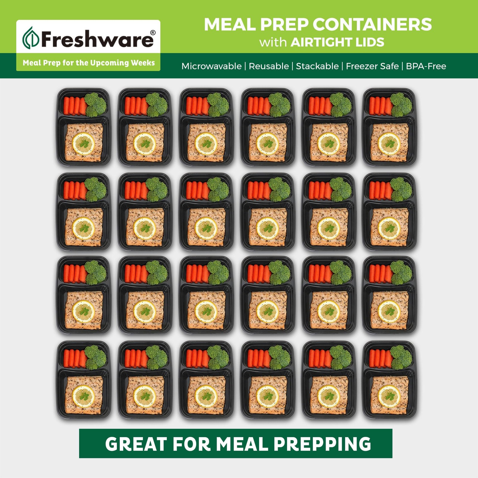 Freshware Meal Prep Containers [15 Pack] 2 Compartment with Lids, Food Storage