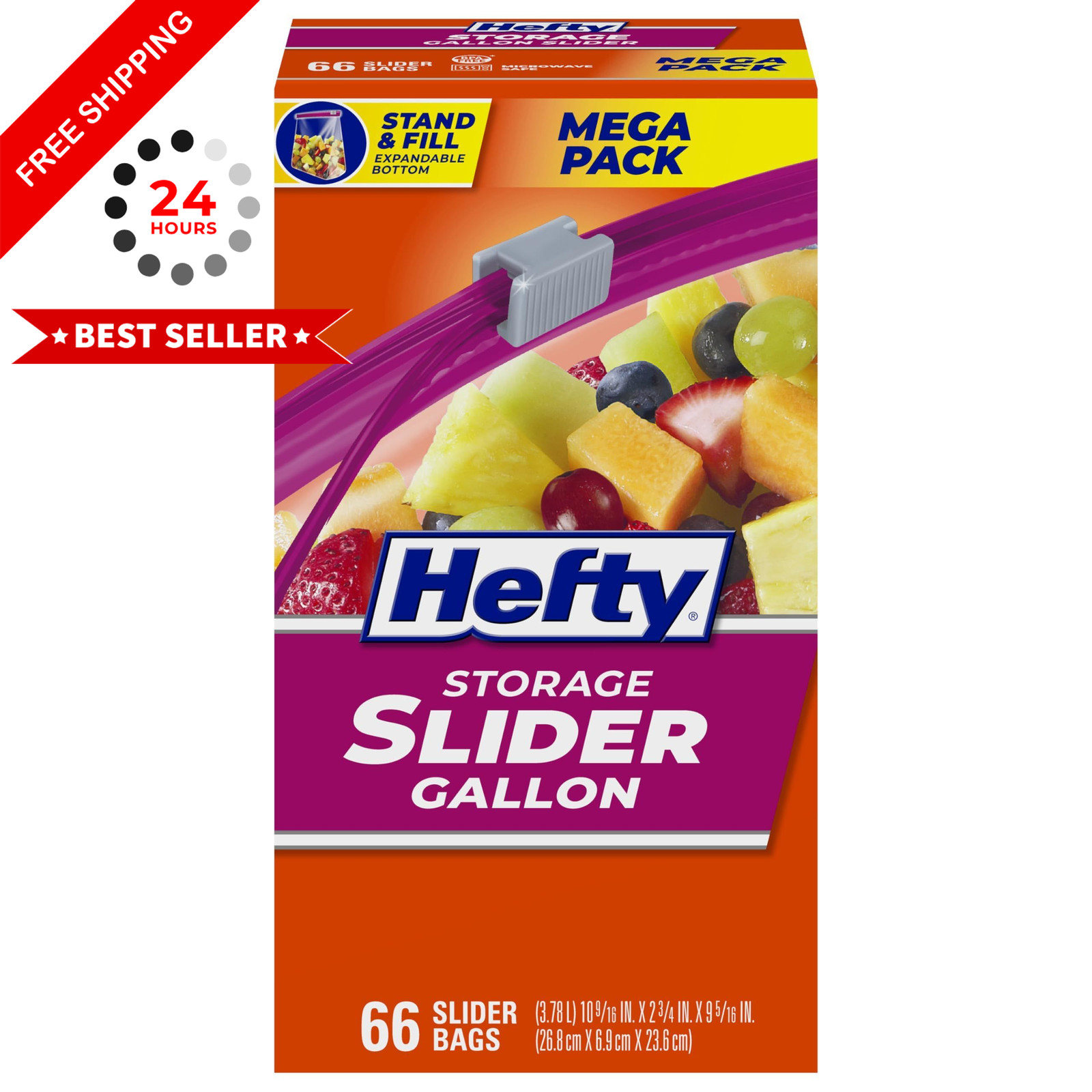 Hefty Slider Gallon Storage Bags, 66 Count, Gallon, 66 Count