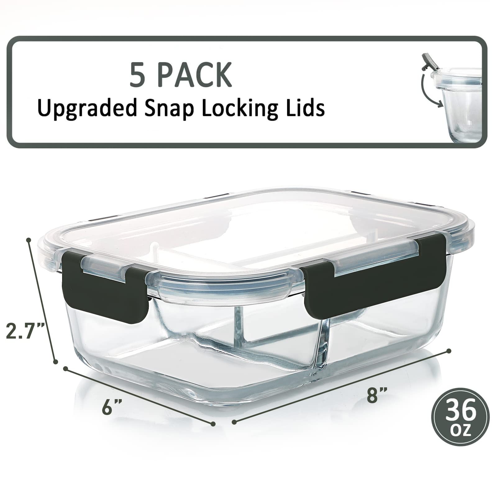 [5-Pack, 36 oz] Glass Meal Prep Containers 3 Compartment with Lids, Glass Lun…