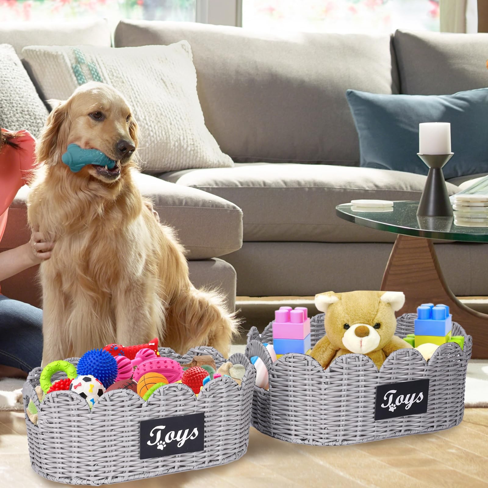 dog toy wicker storage basket Set Of 2 pet supplies wicker basket rope scallo…