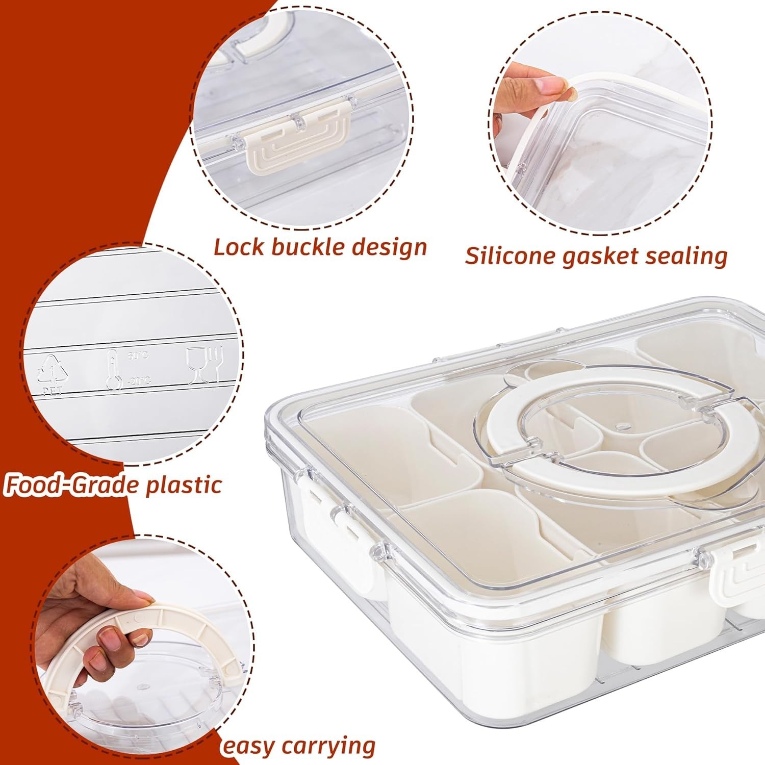 Multi-compartment Snack Tray with Lid & Handle, 1 Count Transparent Divided Food