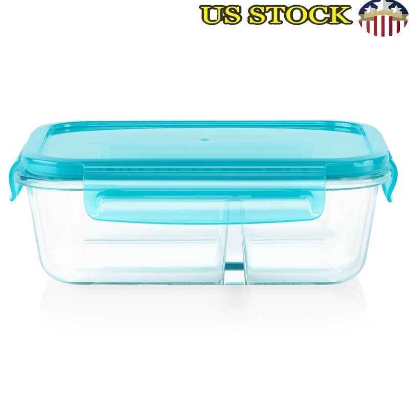 Glass Meal Prep Containers Two Compartment Microwave Safe Food Storage Caddy New