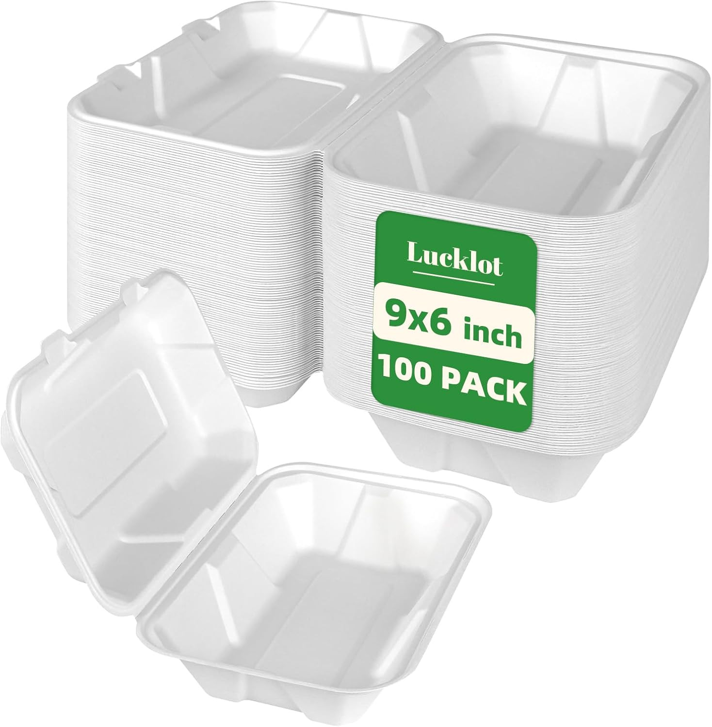 100 Pack 9×6 Inch to Go White Disposable Clamshell Take Out Containers with Lids