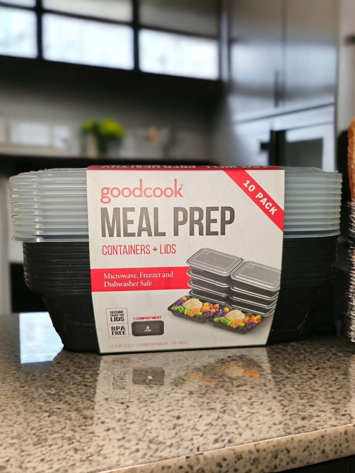 GoodCook 2 Compartment Meal Prep Containers & Lids, Black / Clear, 10 Pack