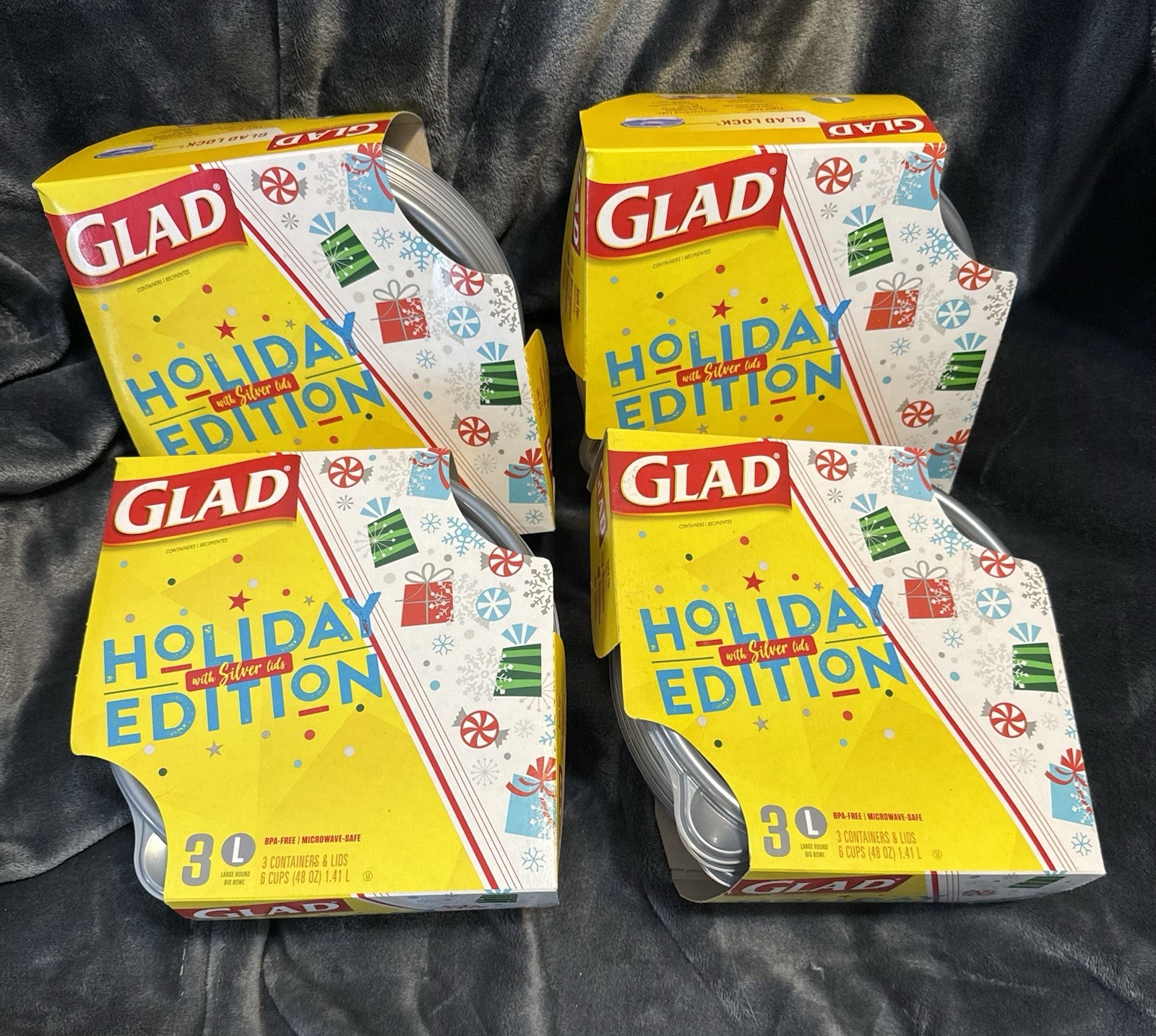 New GLAD Holiday Edition Containers With Lids Silver & Christmas Design 4 Packs