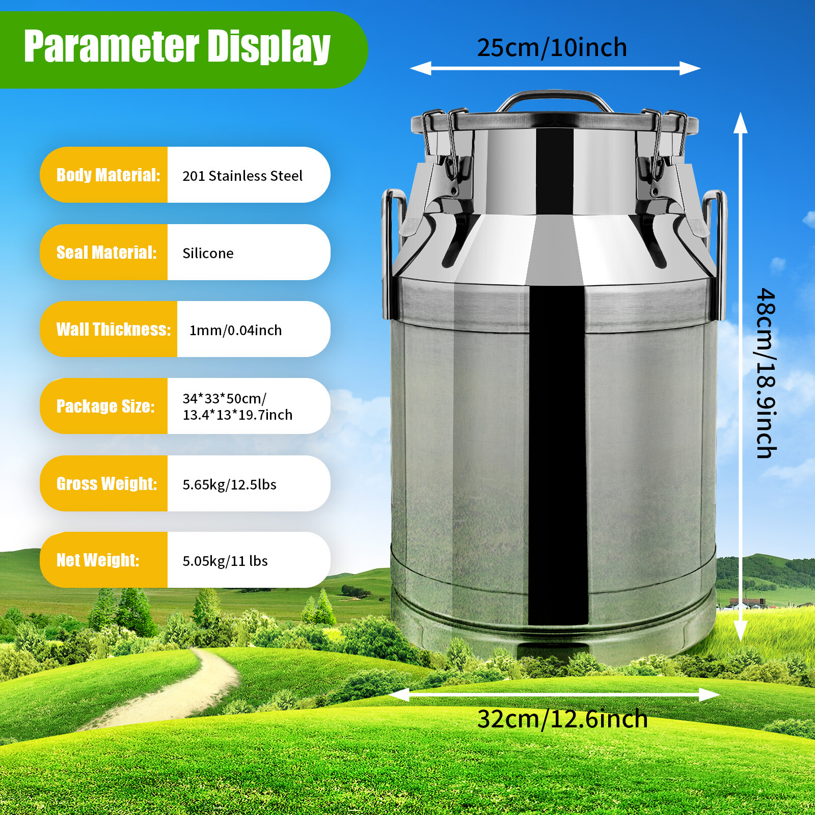 Wine Pail Bucket Water Jug Liquid Storage 30L 8 Gallon Stainless Steel Milk Can