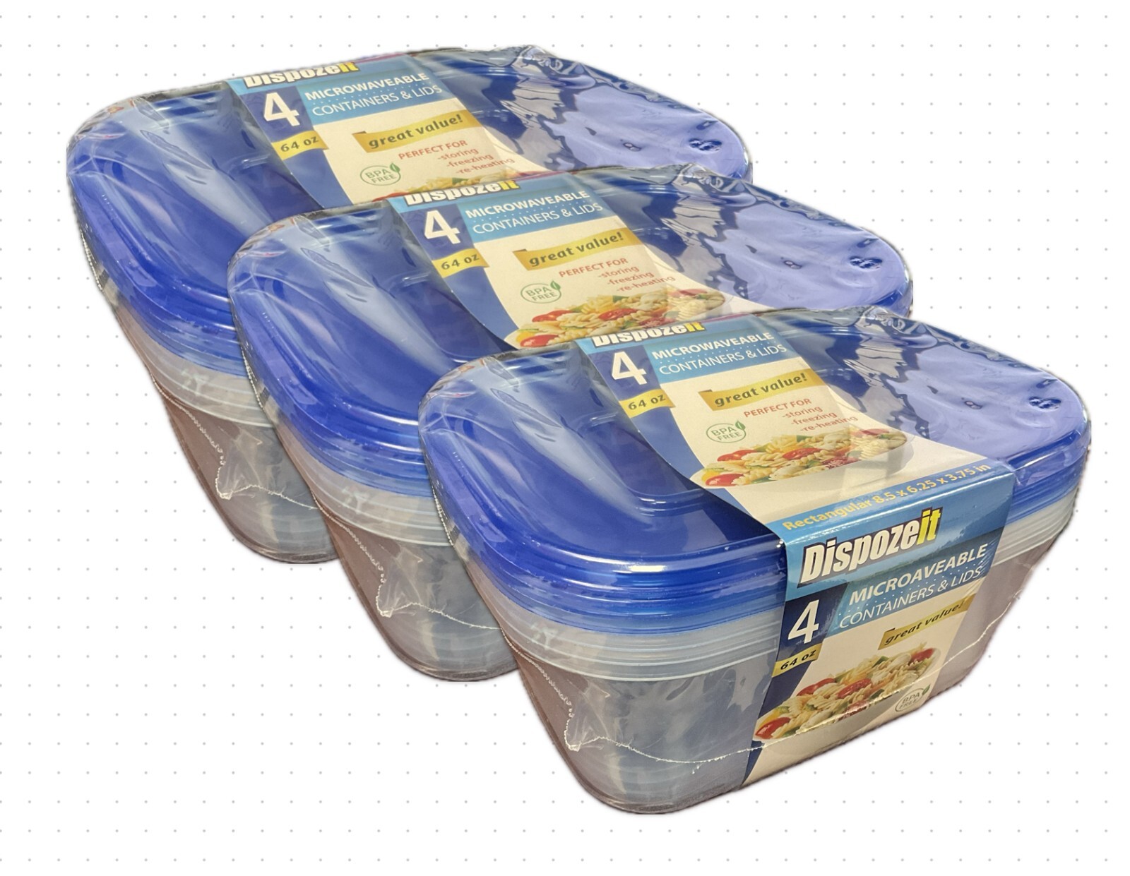 64oz Microwaveable Food Containers w/Lids 12-Pack BPA-Free Dispoze It (4pc x 3)