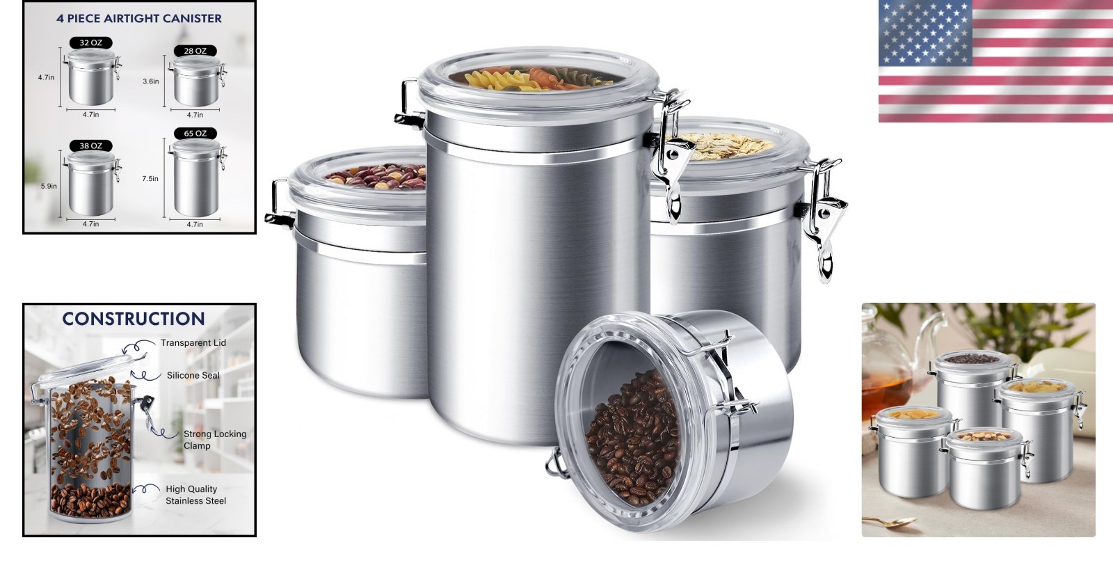 4 Piece Stainless Steel Airtight Food Storage Canister Set Clear Lid 28 to 65 oz