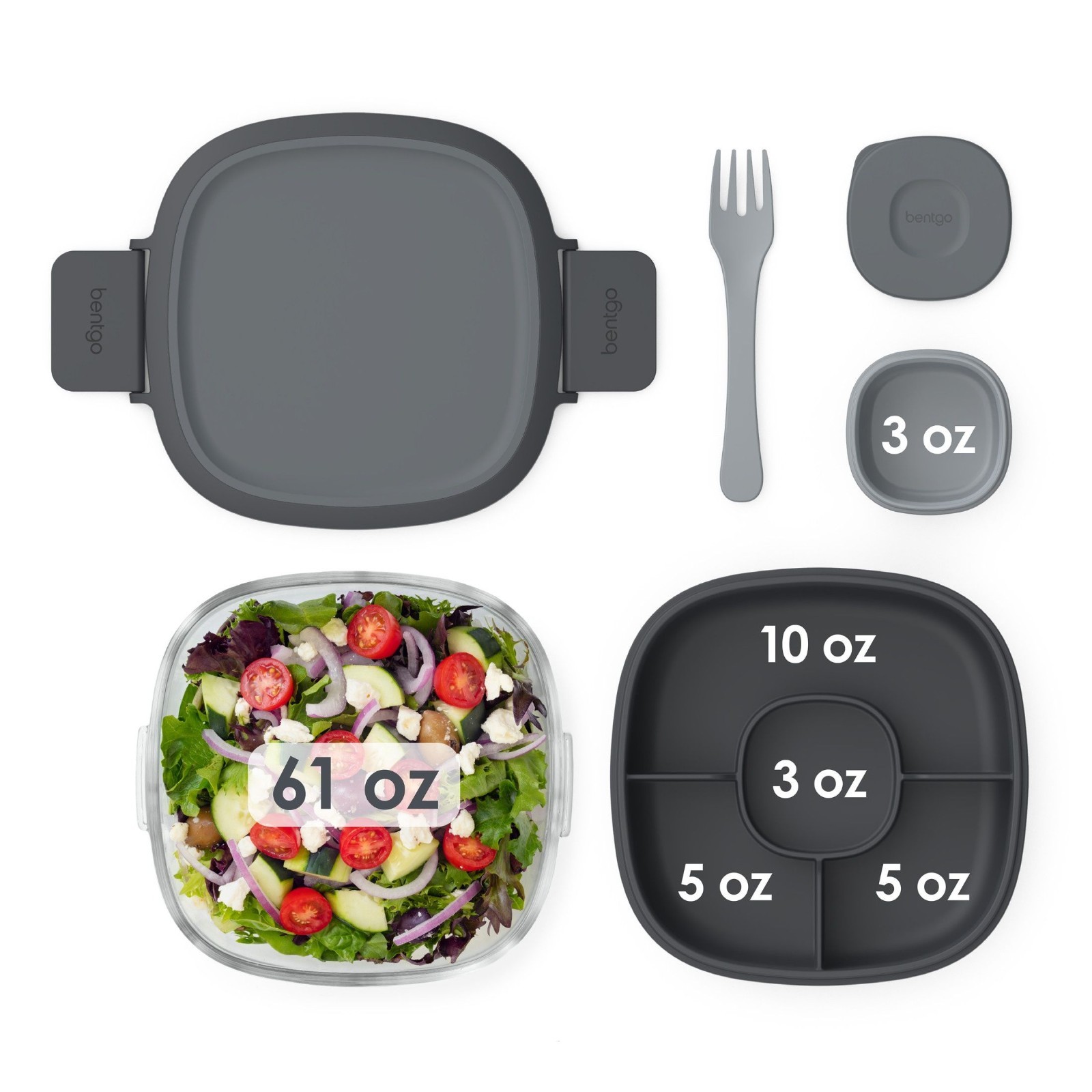 (2 pack) All-in-One Glass Salad Container 5-Compartment Dark Gray