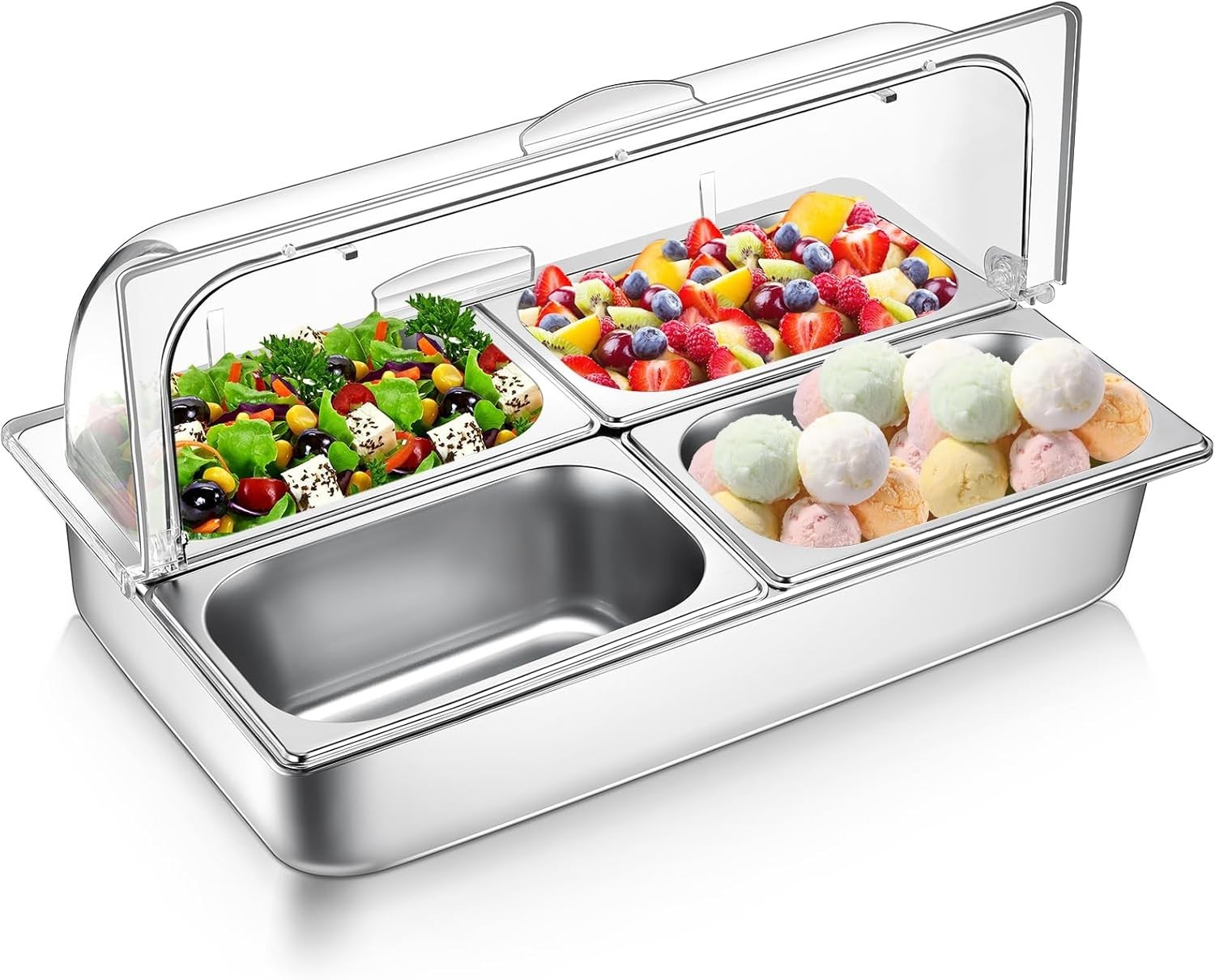Countertop Food Serving Display Container and Clear Roll Top Cover Stainless Ste