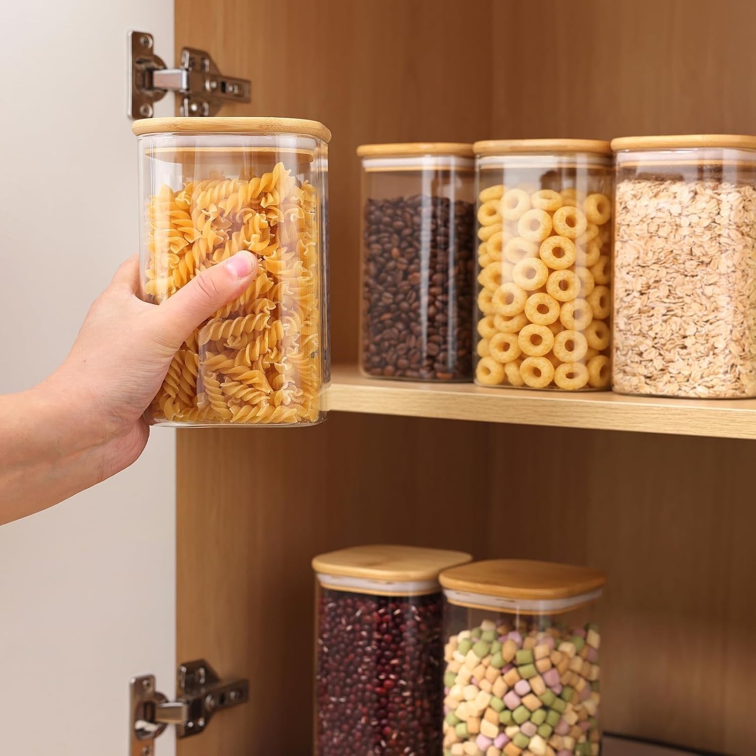 6 Pack 1.2qt Glass Storage Containers with Bamboo Press Lids, Airtight Pantry…