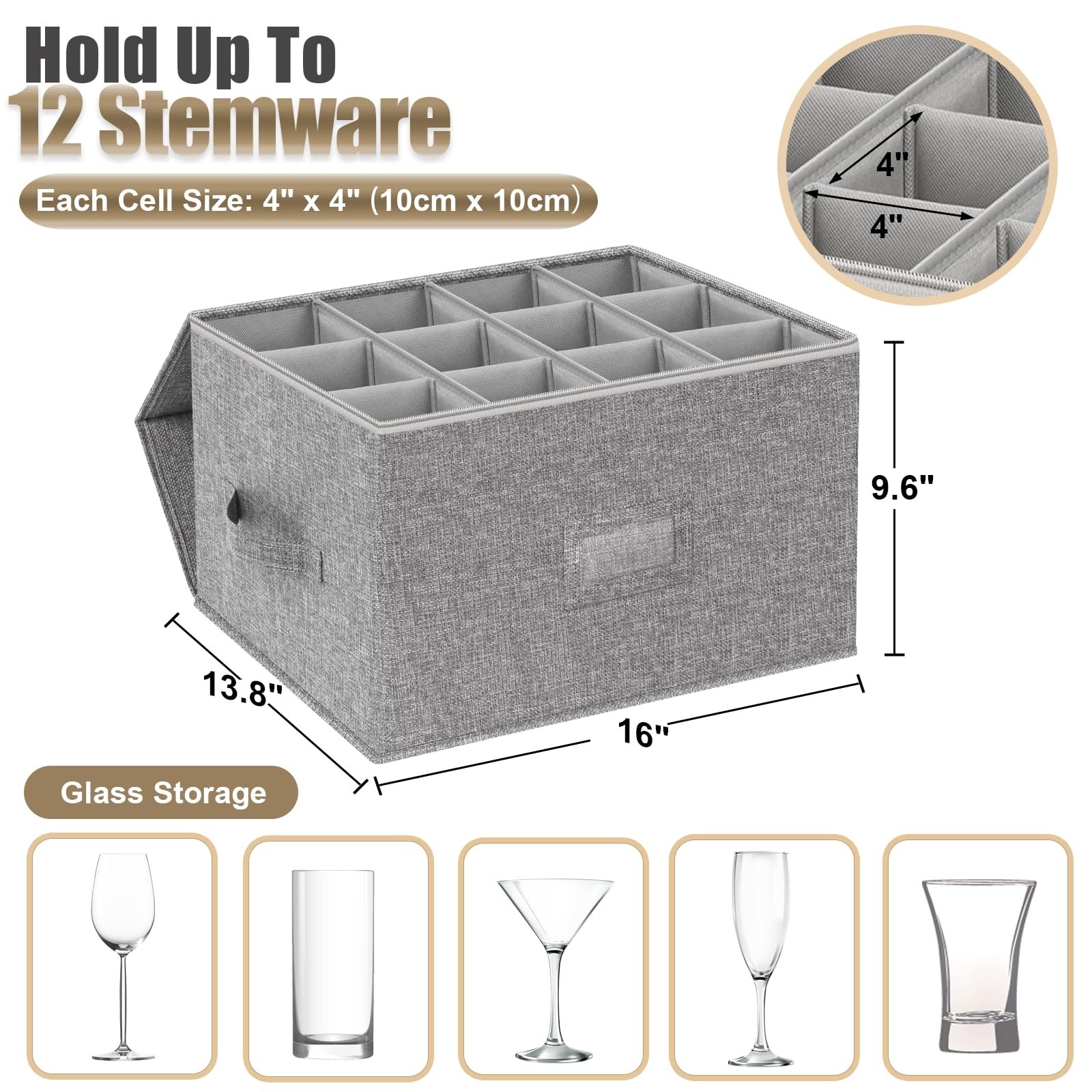Wine Glass Storage Box with Dividers, 2-Pack Stemware Storage Containers w/Hard