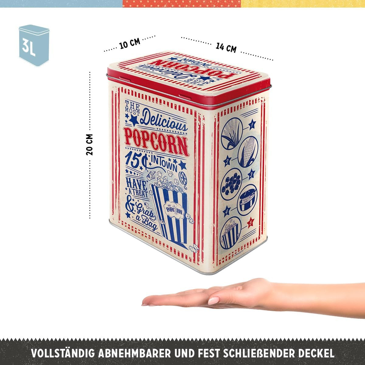 Retro Storage Tin Box L, 101.4 Oz, Popcorn – Gift Idea for Diner Fans, Large Met