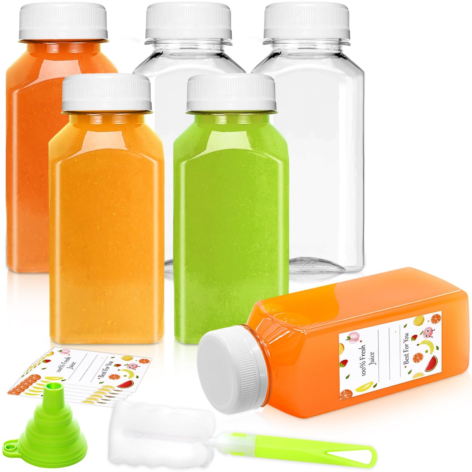 XSBAIHUO Juice Bottles – 8oz with Lids, 6 pcs Plastic 8 Ounces, white