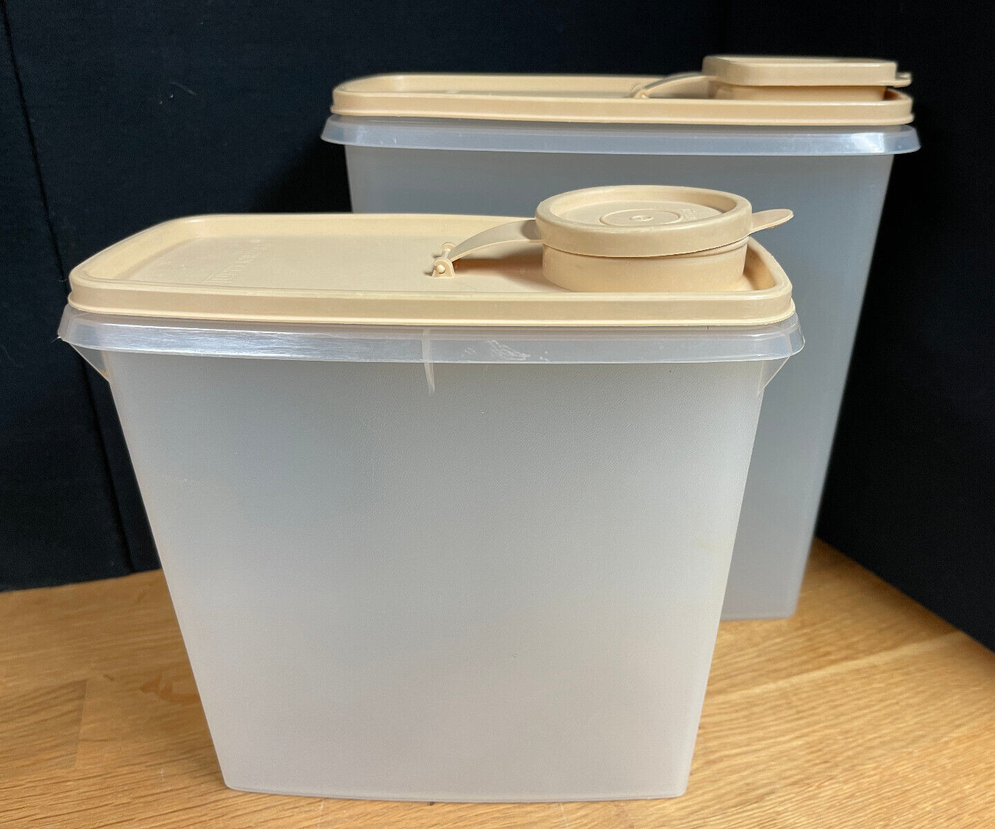 2 Tupperware Clear Storage Containers w/tan Pour Spout Lids #469 & #1588