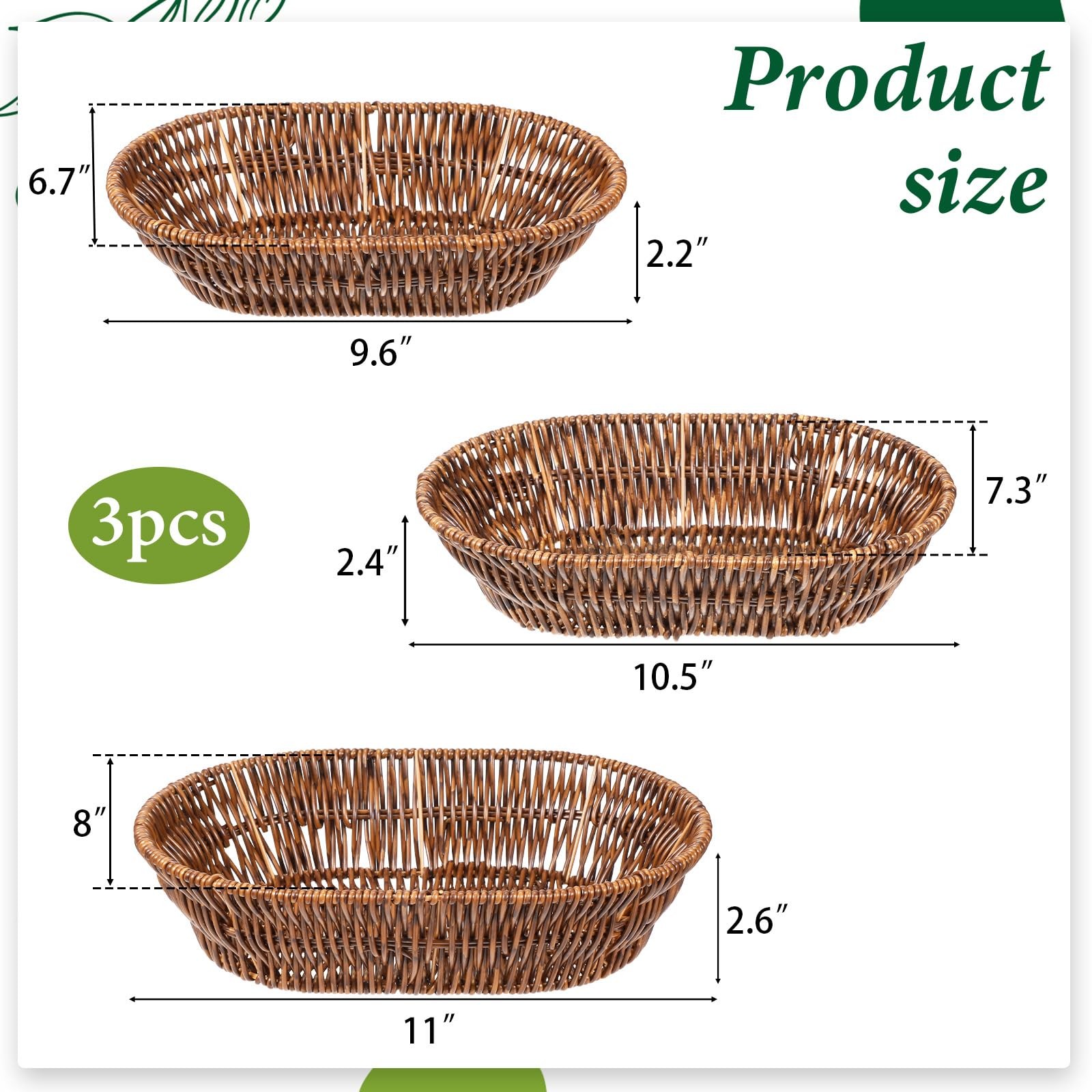 3 Pack Wicker Baskets, Woven Bread Baskets Sets Oval Food Serving Basket Tray…