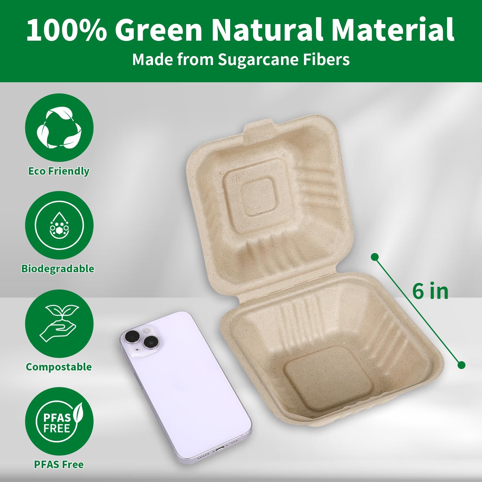 Compostable 50 Pack 6×6 Inch Disposable Square Small Lunch Box Takeout Container