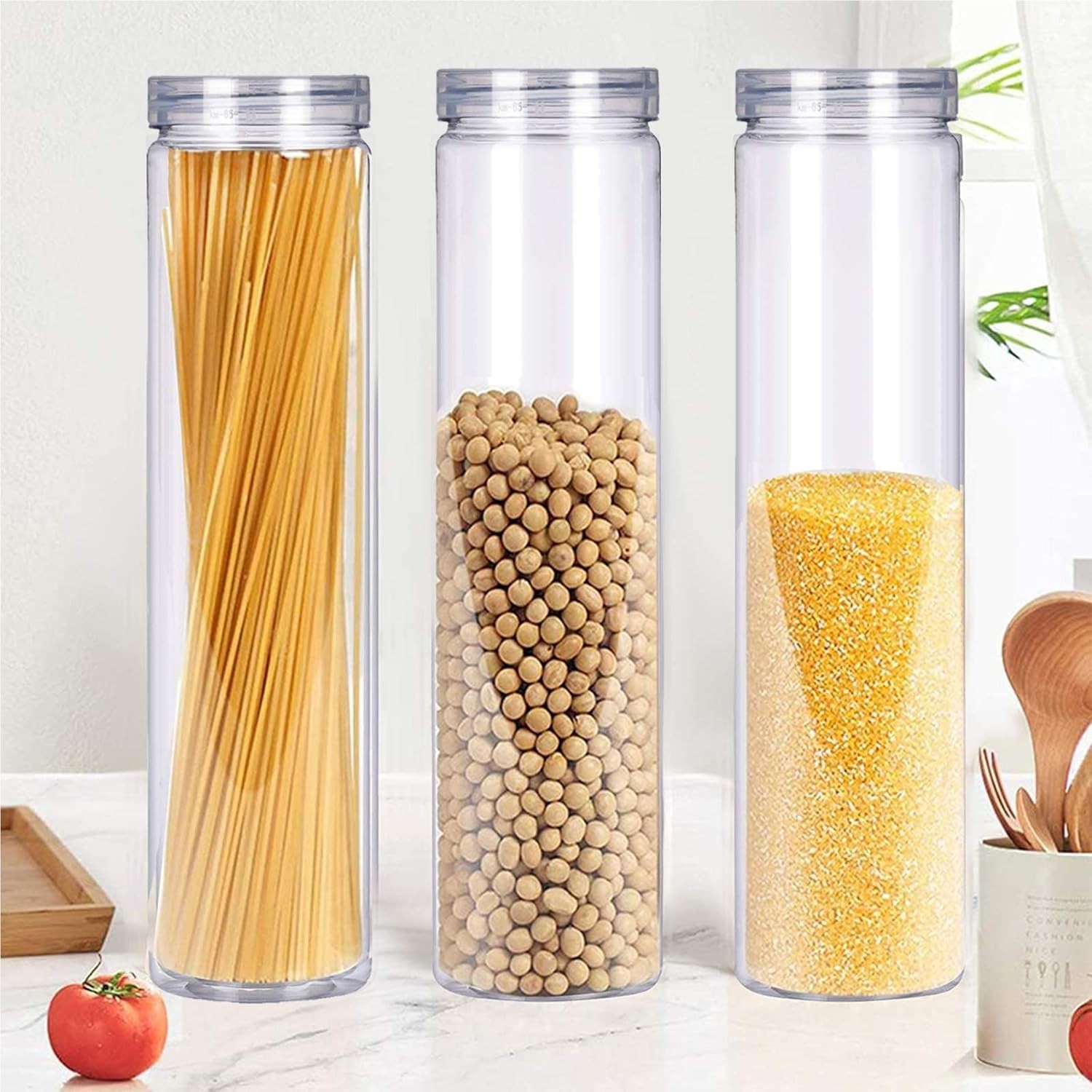 3Pcs Clear Plastic Food Storage Jar with Lid, Plastic Spaghetti Pasta Contain…