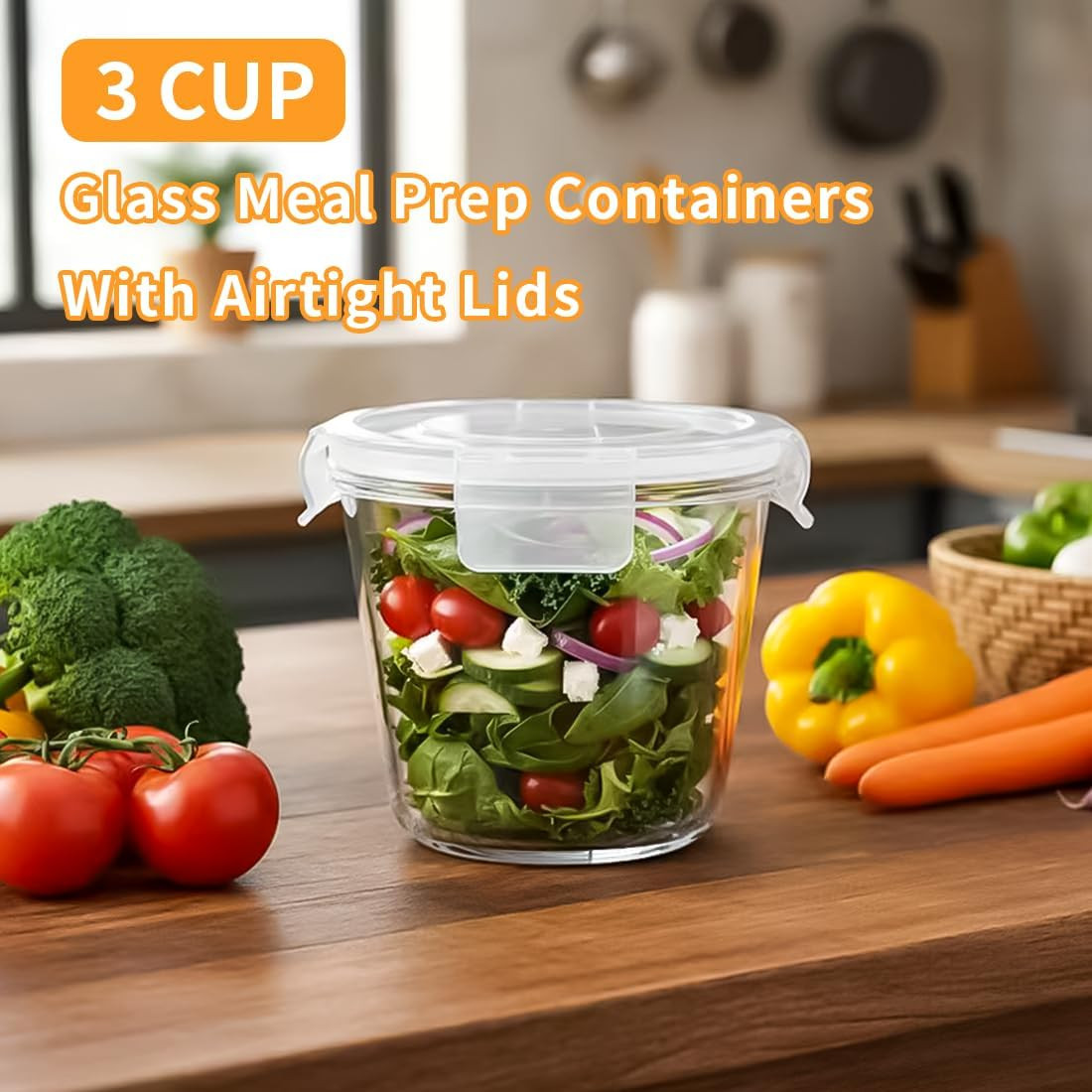 H.JSS WDJS 24 Oz Round Glass Food Storage Container set, 3 Cup Round Glass Soup