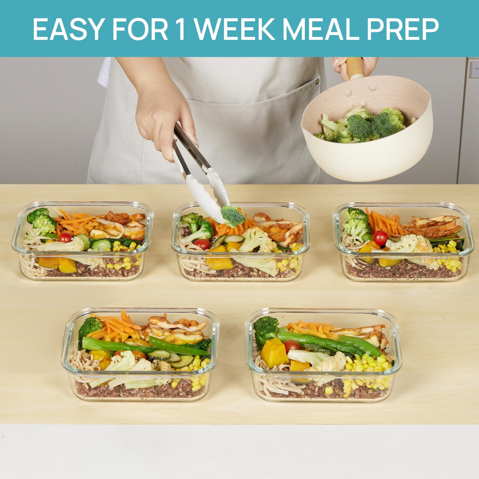5 Pack 35oz Glass Food Storage Containers with Lids, Meal Prep Containers, Ai…