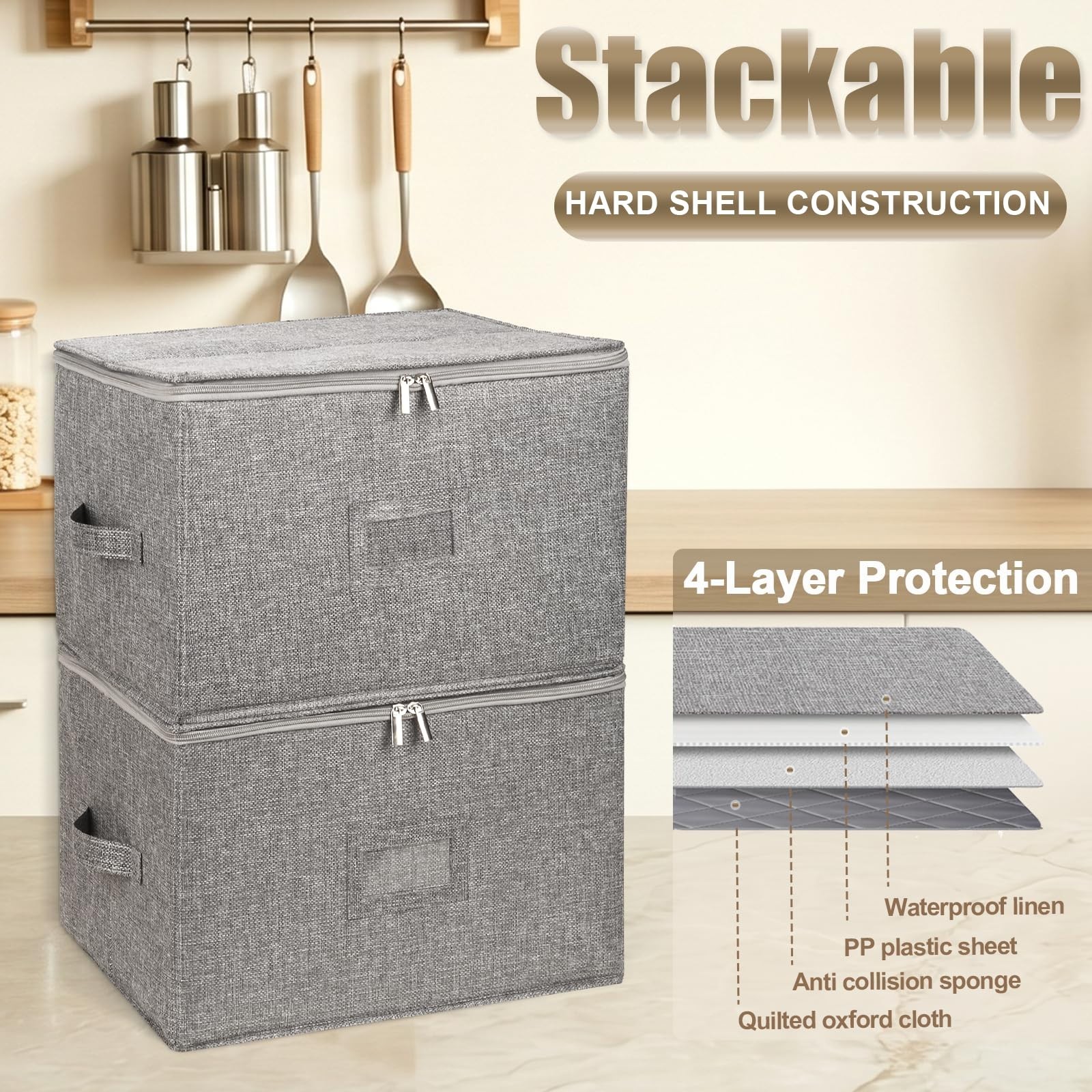 Wine Glass Storage Box with Dividers, 2-Pack Stemware Storage Containers w/Hard