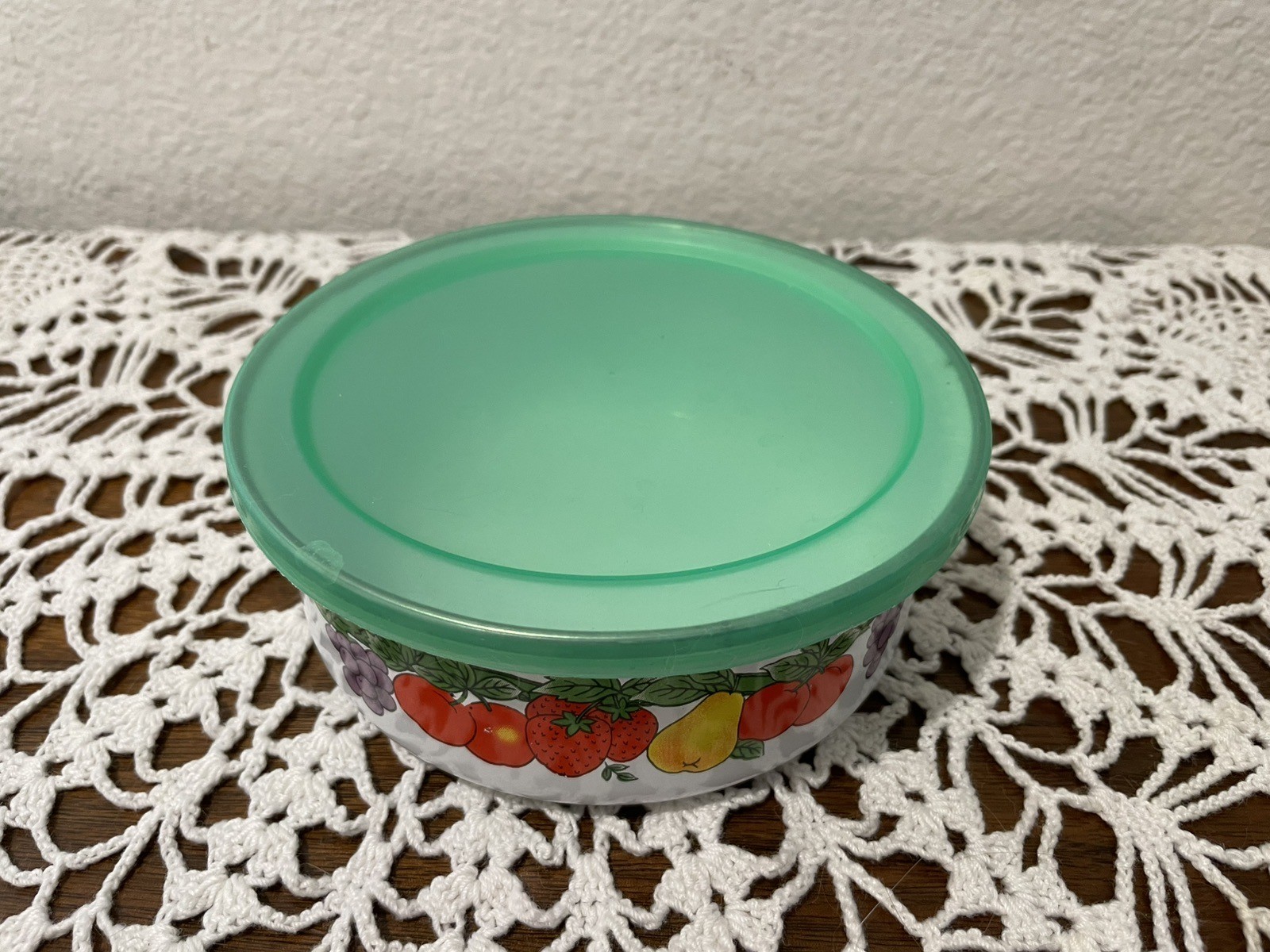 Set of 3 Vintage Aluminum Food Storage Bowls with Fruit Design and 2 Green Lids