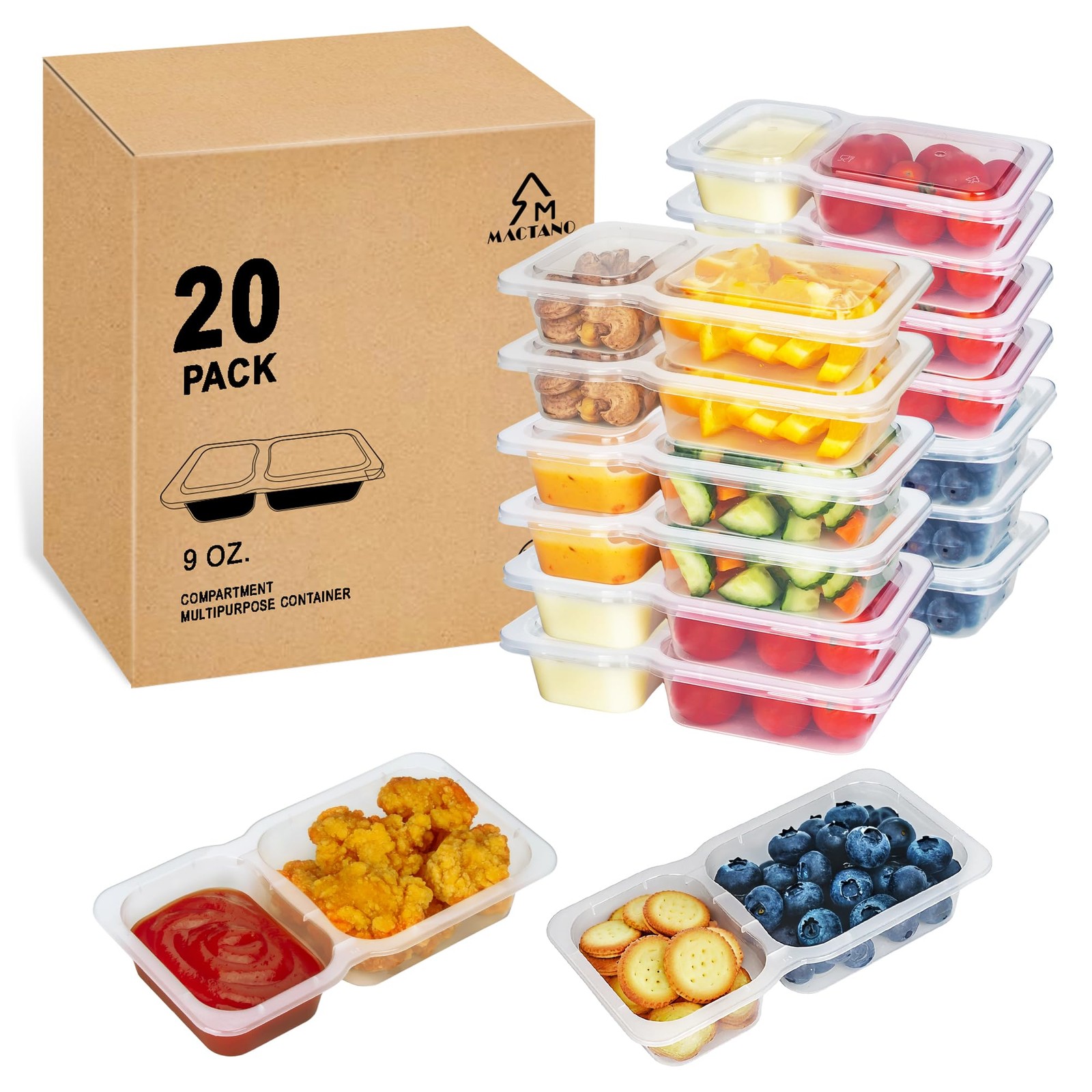 Reusable Snack Containers with Lids, 9 oz Double Compartment Plastic Snack Pa…
