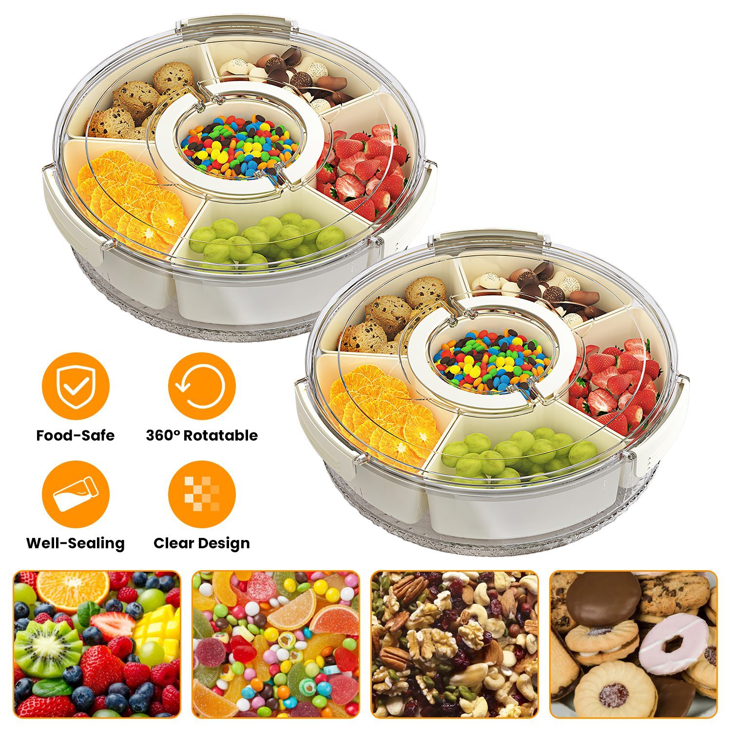 2pcs Divided Serving Tray with Sealed Lid 360° Rotatable Base Snack Container