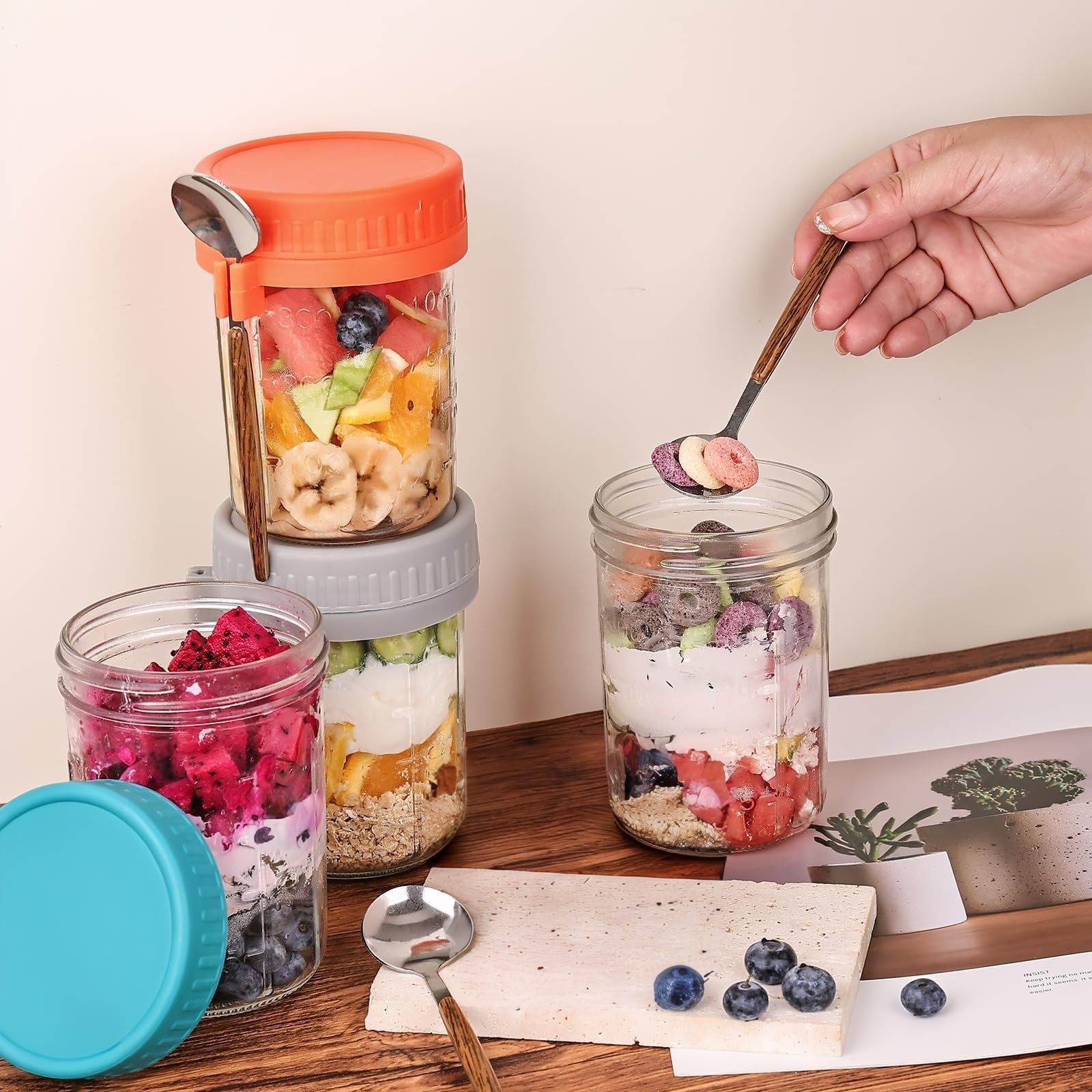 6 Pack Overnight Oats Containers with Lids and Spoons, 16 OZ Glass Oatmeal Co…