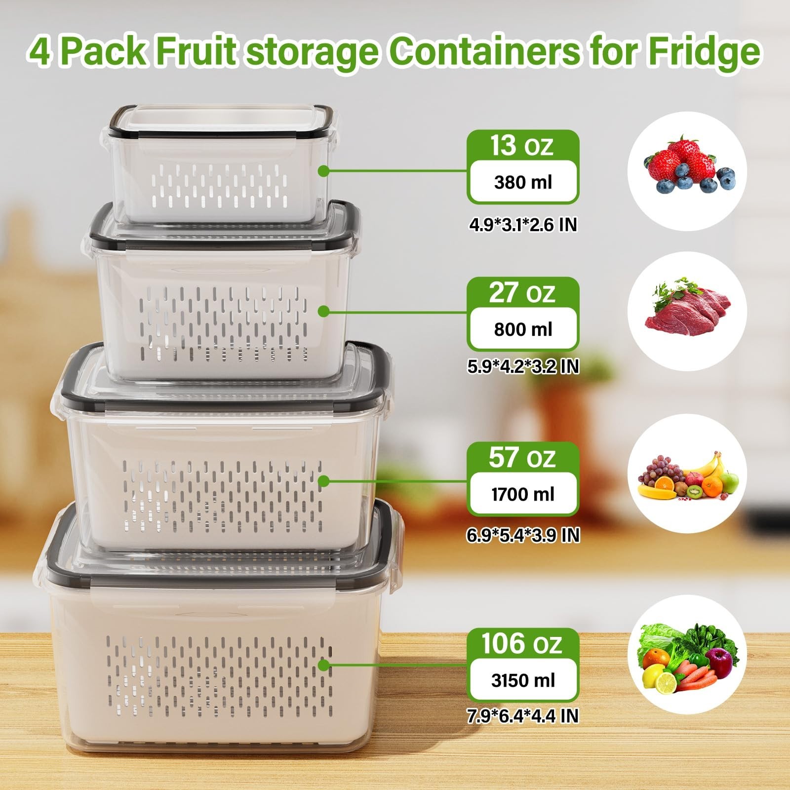 4 PCS Fruit Storage Containers with Colander, Fridge Produce Keeper, Microwave/D