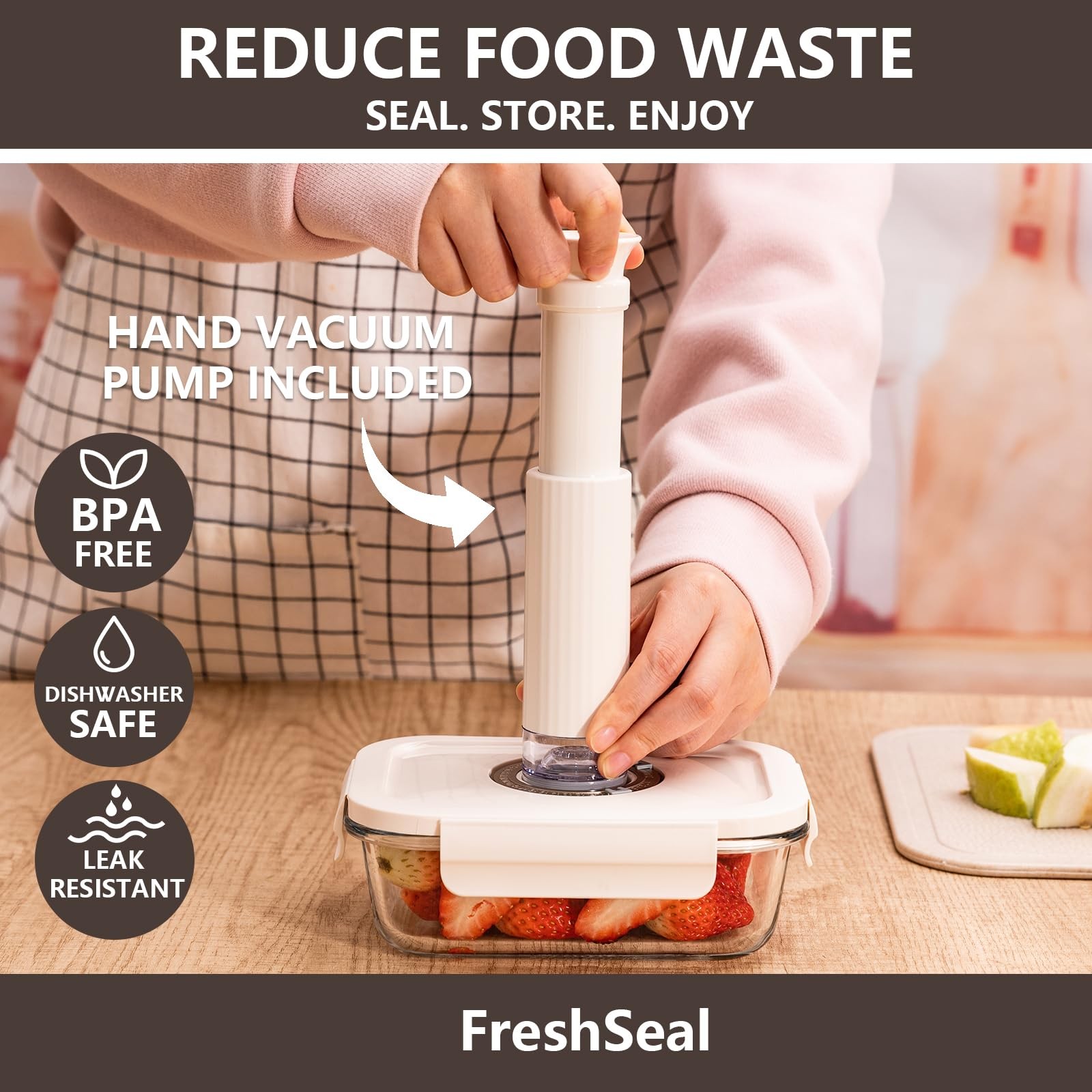 – Glass Vacuum Sealable Container Set – 9 Pieces, 6 Sizes, Hand Pump, 10 Bags