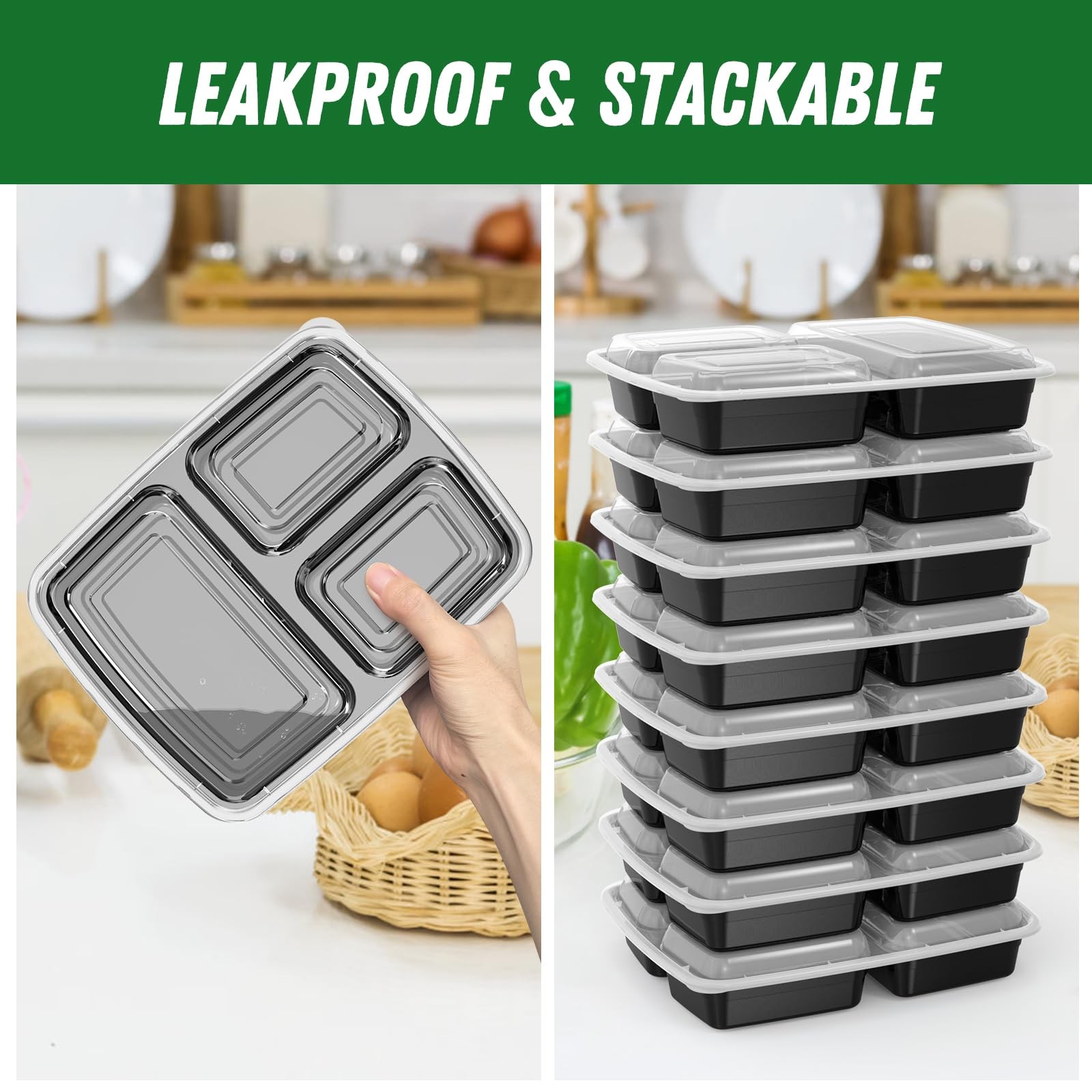 50 Pack (100-Piece) 32 oz Meal Prep Containers Reusable with Lids 3-Compartme…