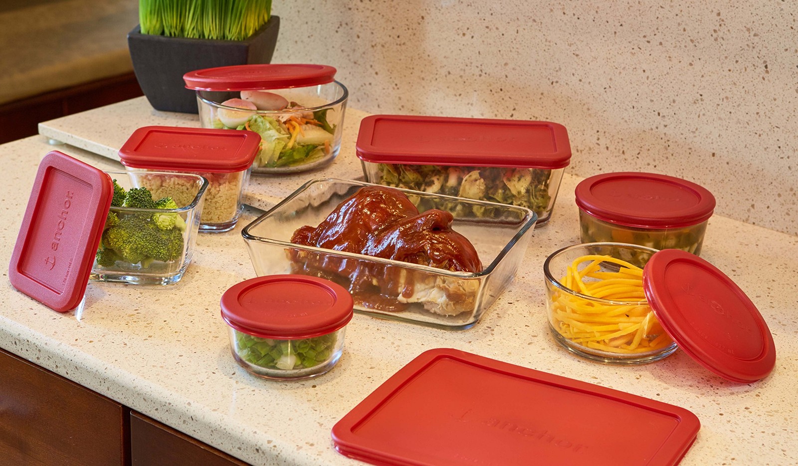 Glass Food Storage Containers with Lids, Red, 16-Piece Set